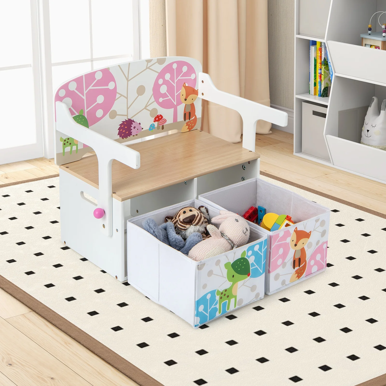 Kids Convertible Activity Bench, 2 Removable Fabric Bins, White - Image 7