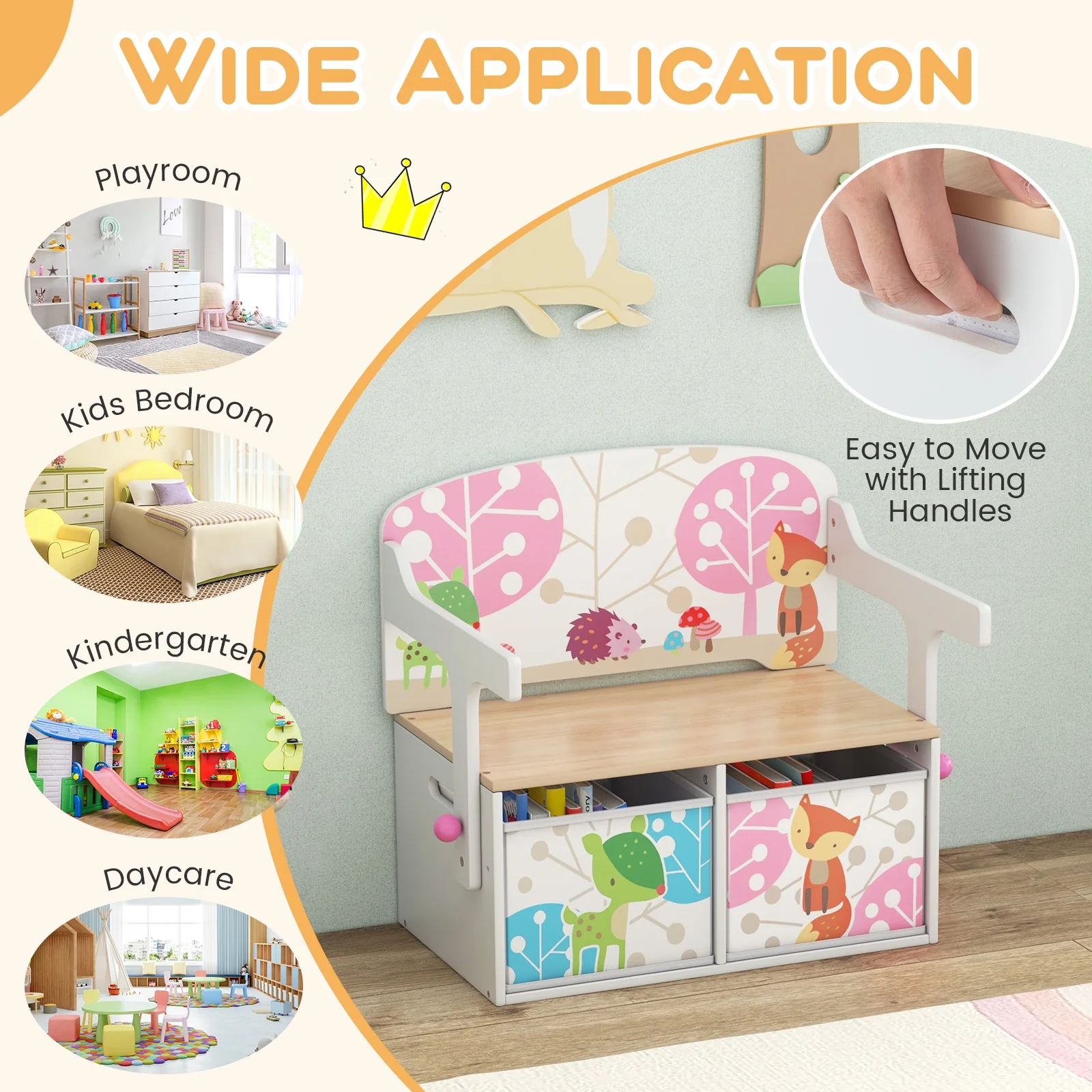 Kids Convertible Activity Bench, 2 Removable Fabric Bins, White - Image 9
