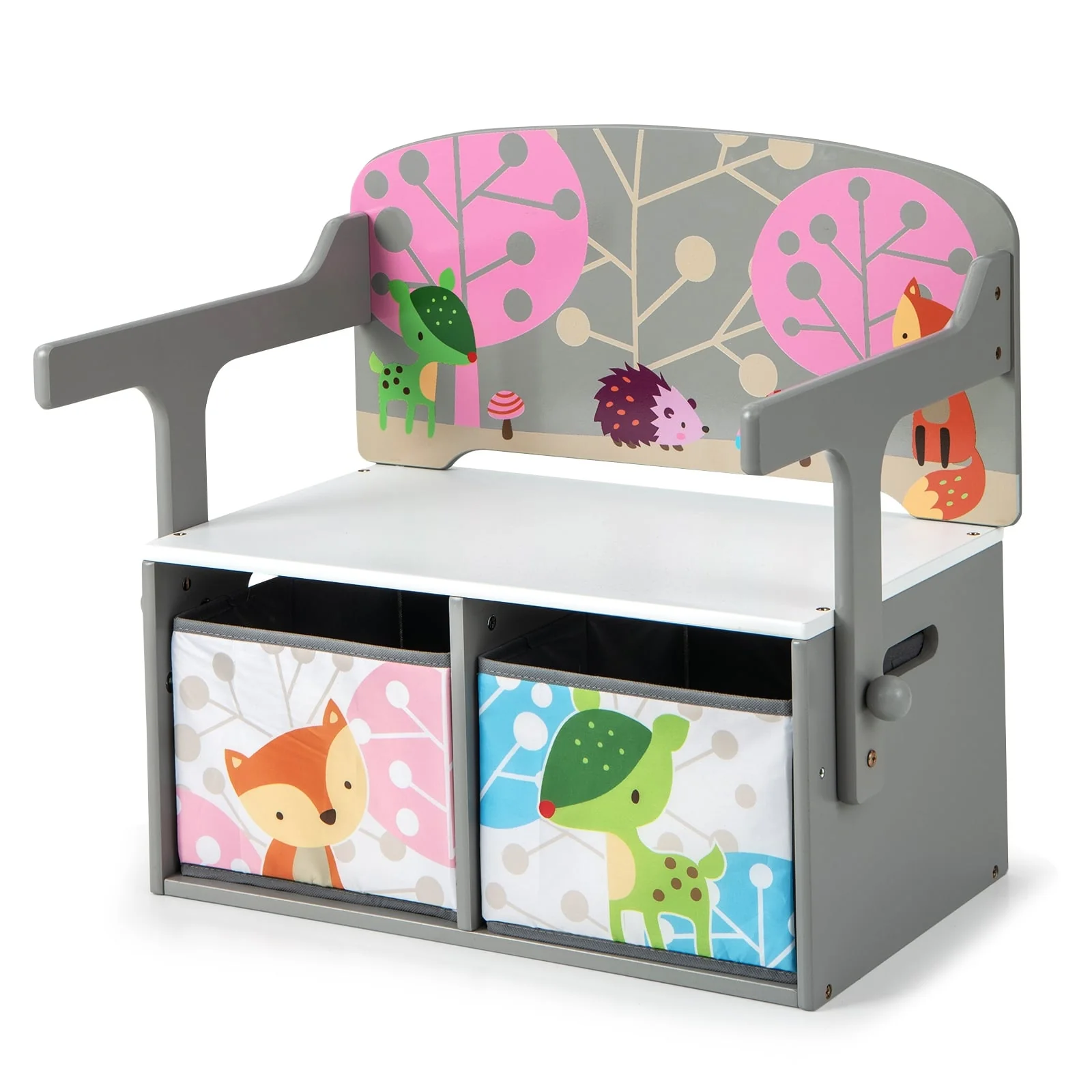 Kids Convertible Activity Bench, 3 In 1, 2 Removable Fabric Bins, Gray