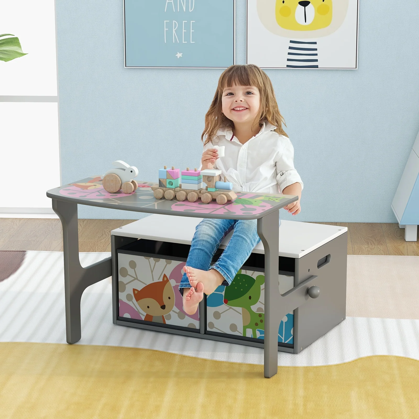 Kids Convertible Activity Bench, 3 In 1, 2 Removable Fabric Bins, Gray - Image 3