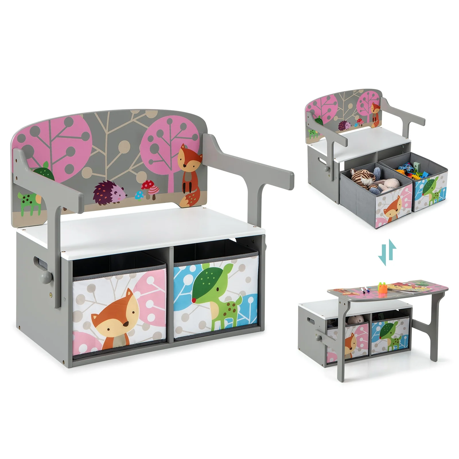 Kids Convertible Activity Bench, 3 In 1, 2 Removable Fabric Bins, Gray - Image 5