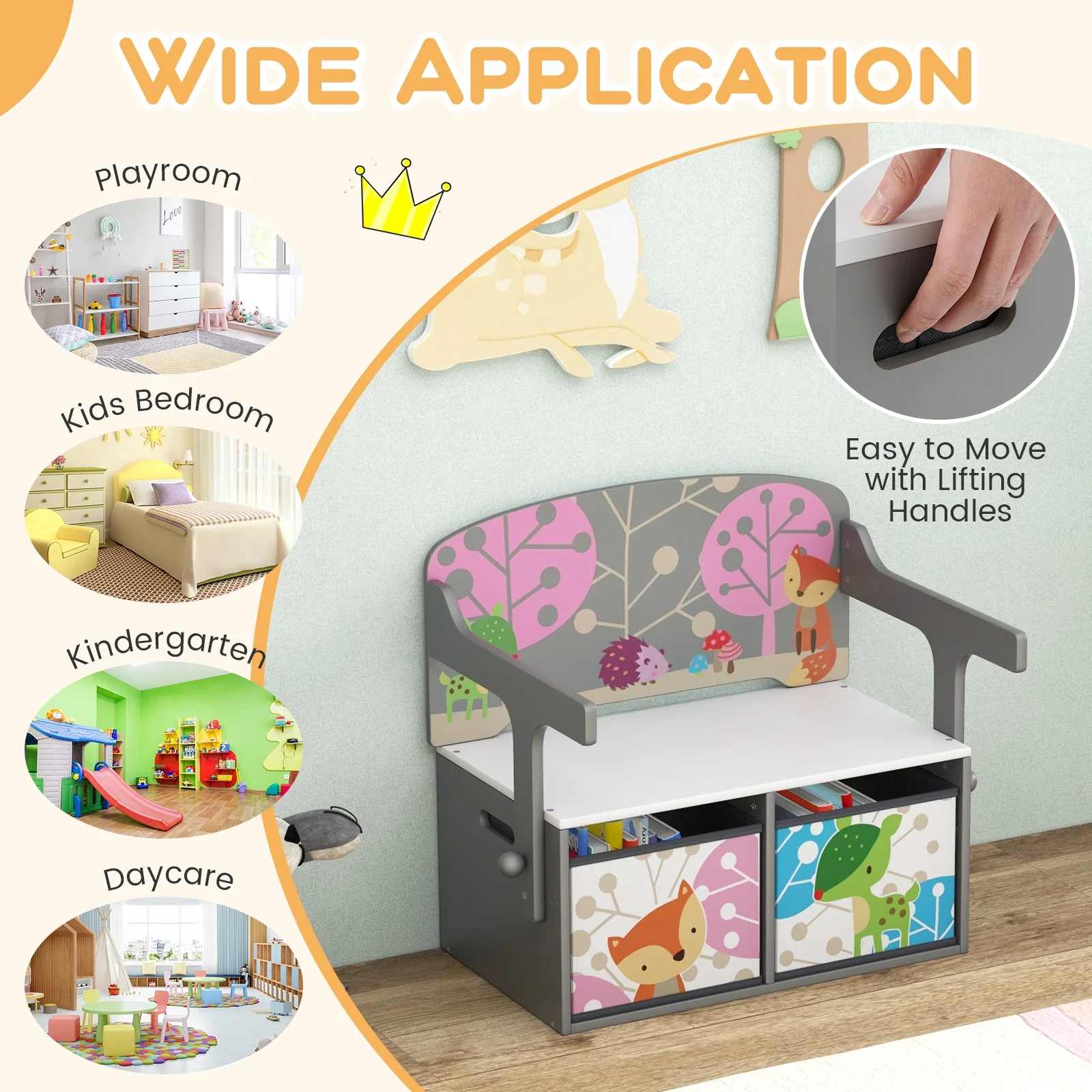 Kids Convertible Activity Bench, 3 In 1, 2 Removable Fabric Bins, Gray - Image 9
