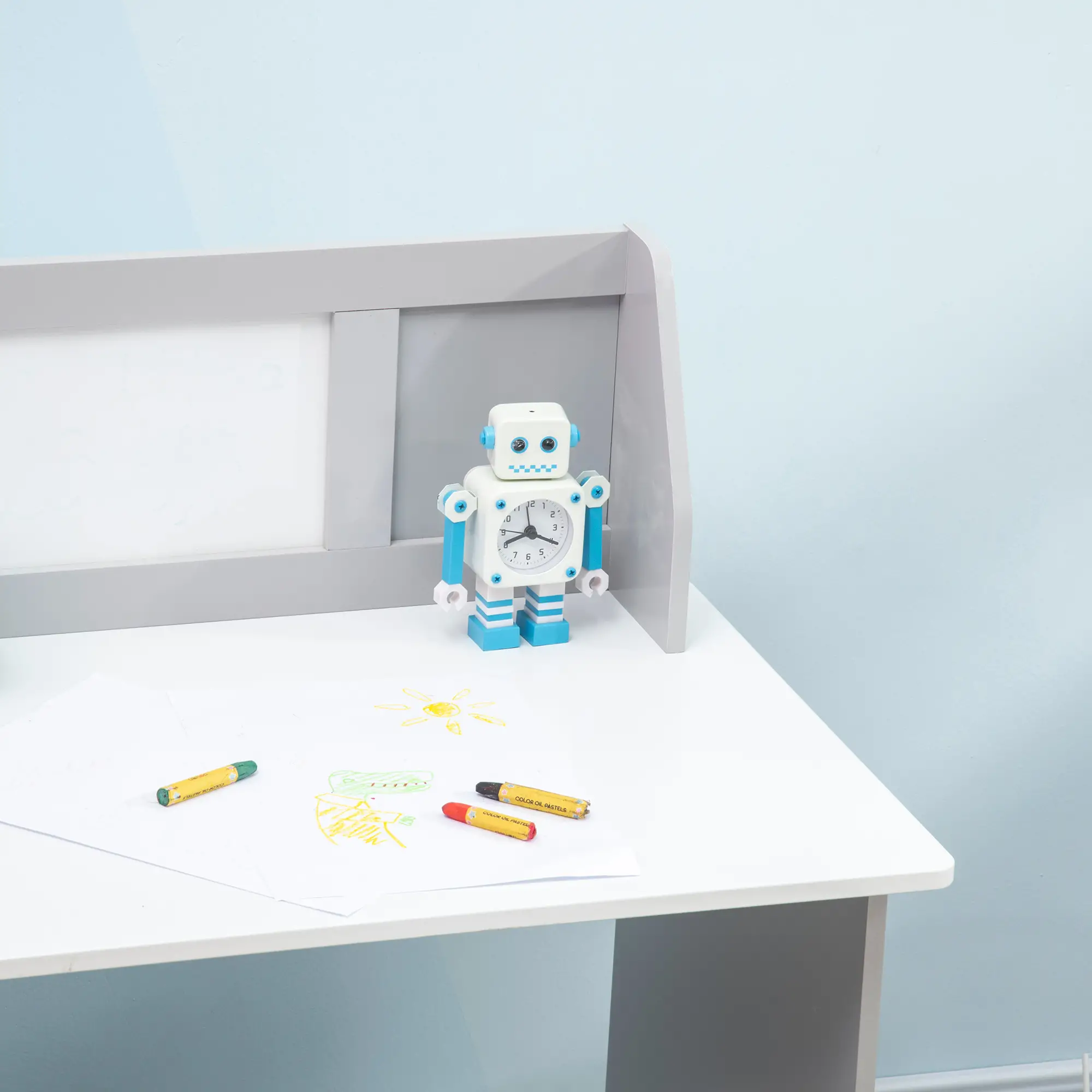 Kids Desk and Chair Set, 2Pcs, with Whiteboard, Storage, Grey - Image 10