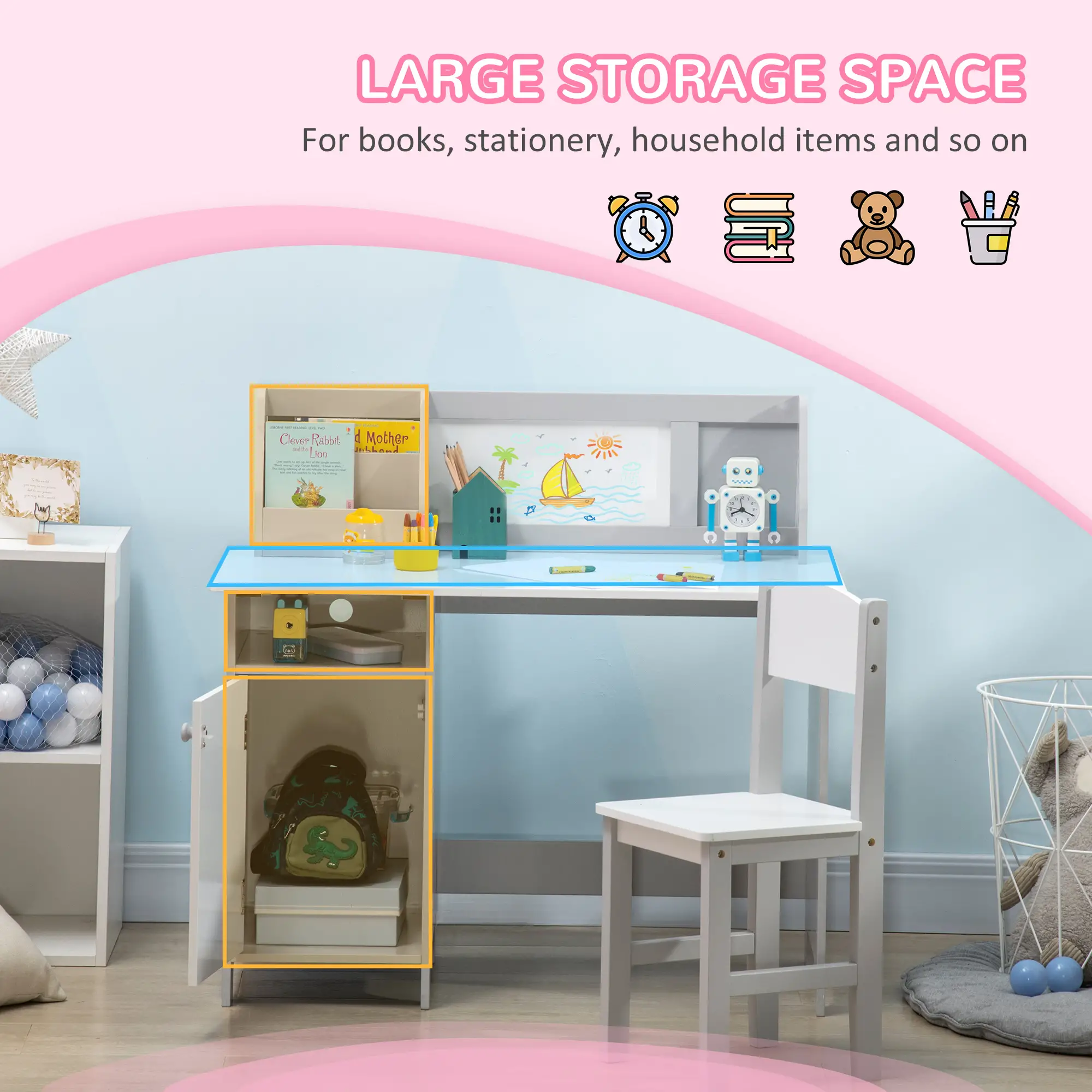 Kids Desk and Chair Set, 2Pcs, with Whiteboard, Storage, Grey - Image 4