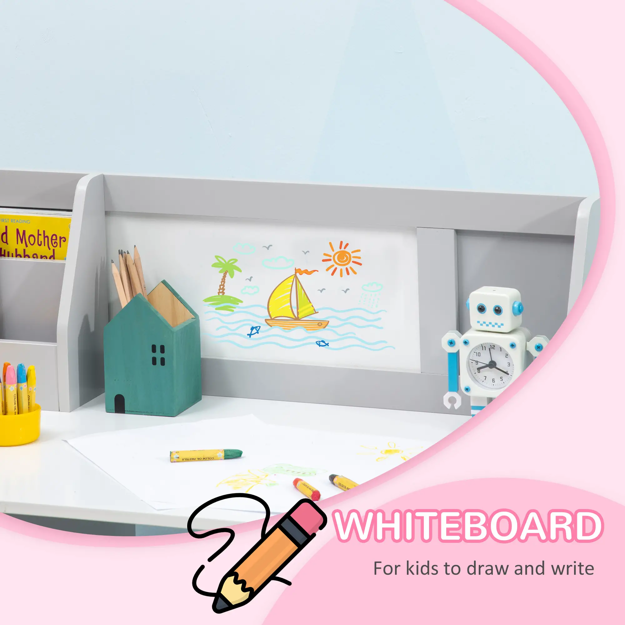 Kids Desk and Chair Set, 2Pcs, with Whiteboard, Storage, Grey - Image 5