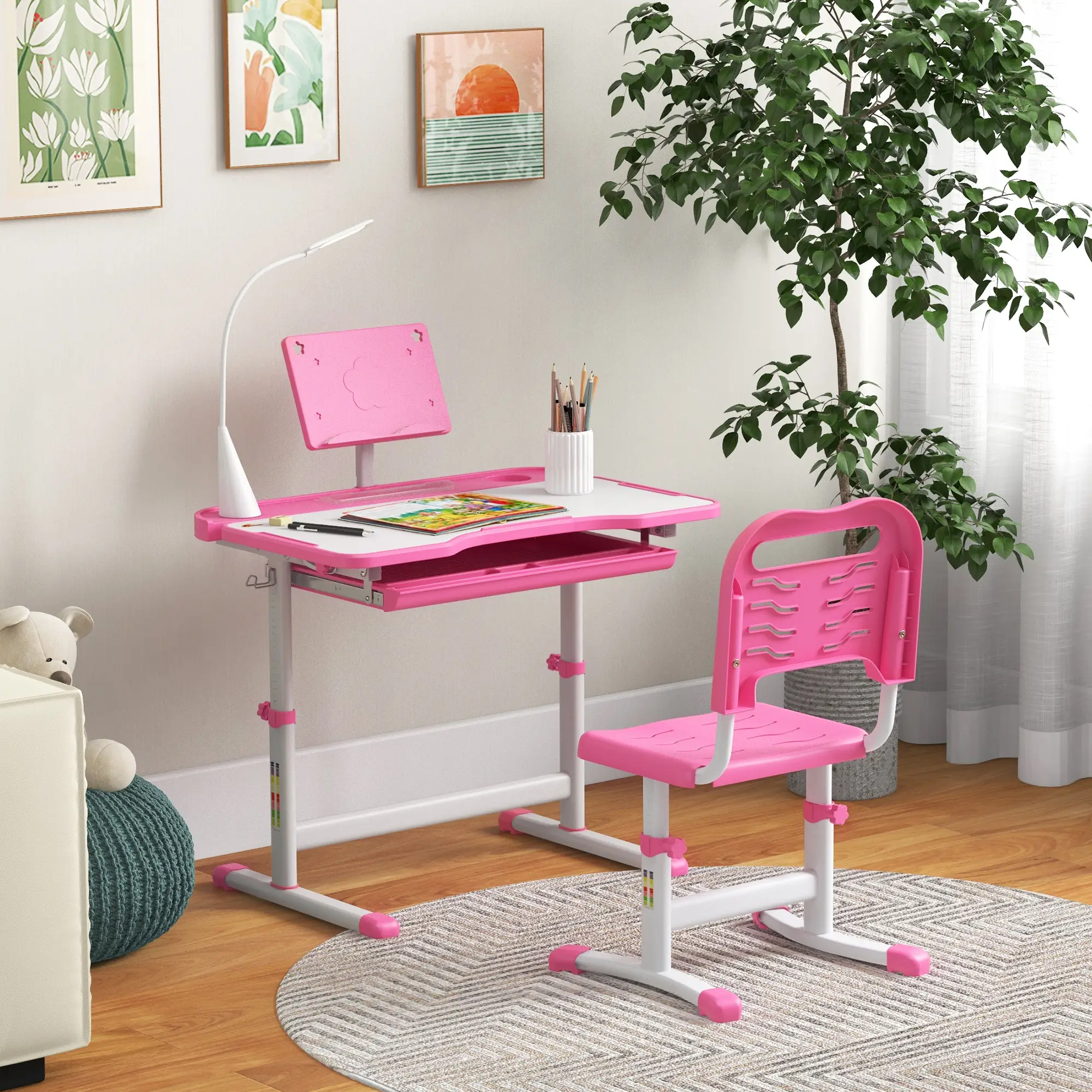 Kids Desk and Chair Set, Adjustable Height, Tilt Desktop, Pink - Image 2