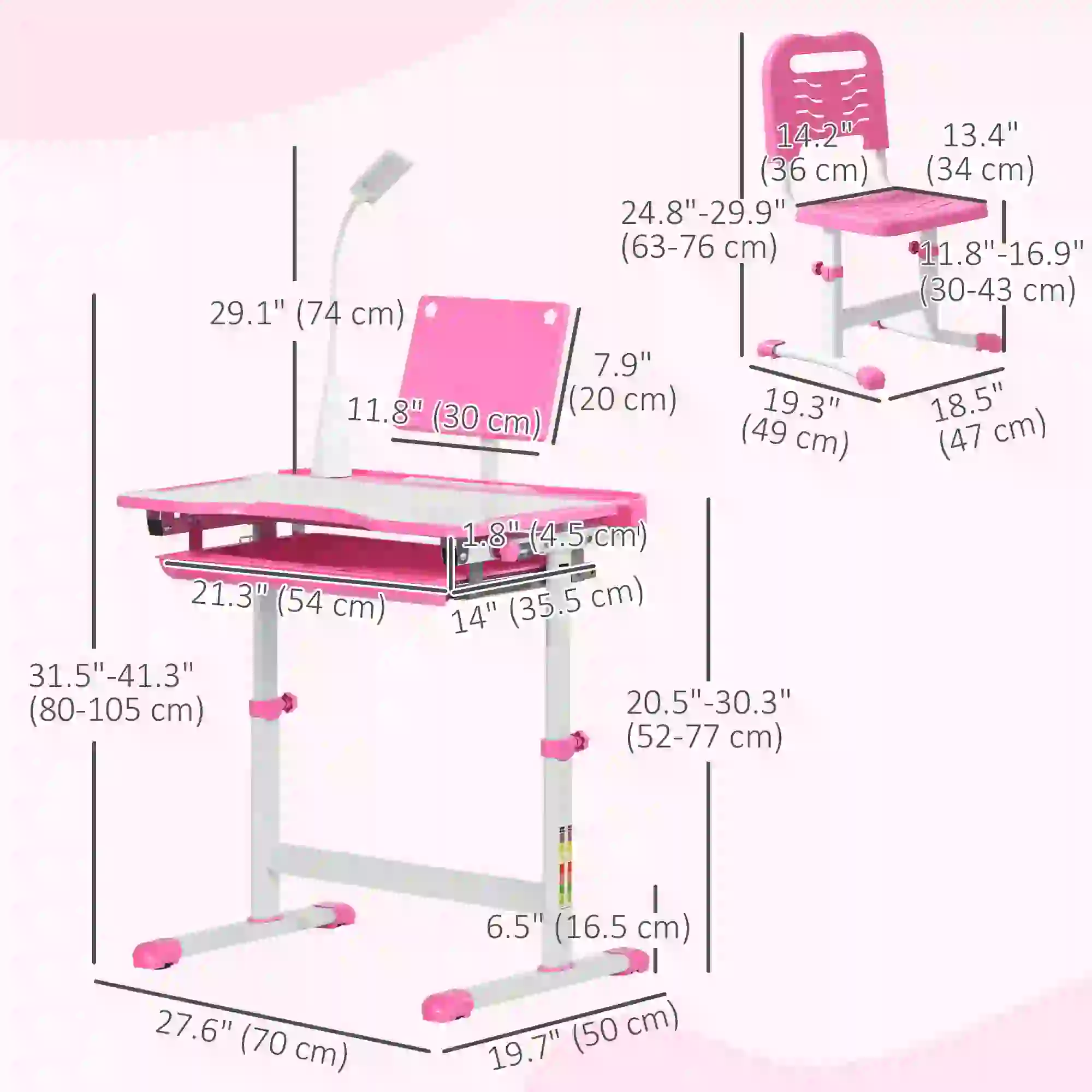 Kids Desk and Chair Set, Adjustable Height, Tilt Desktop, Pink - Image 3
