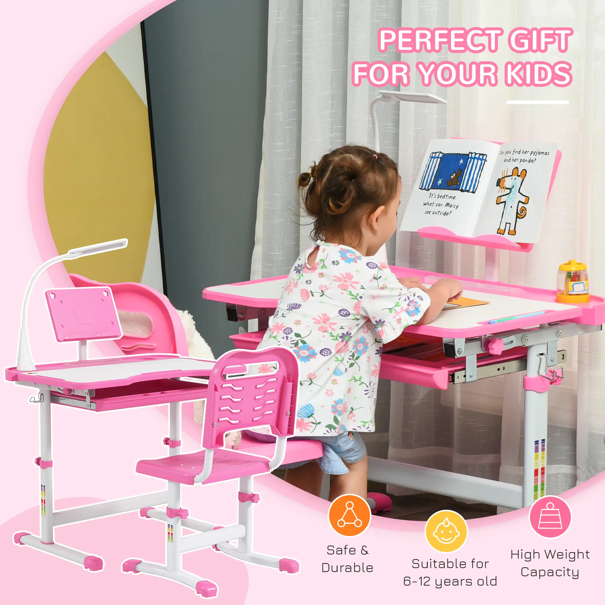 Kids Desk and Chair Set, Adjustable Height, Tilt Desktop, Pink - Image 4