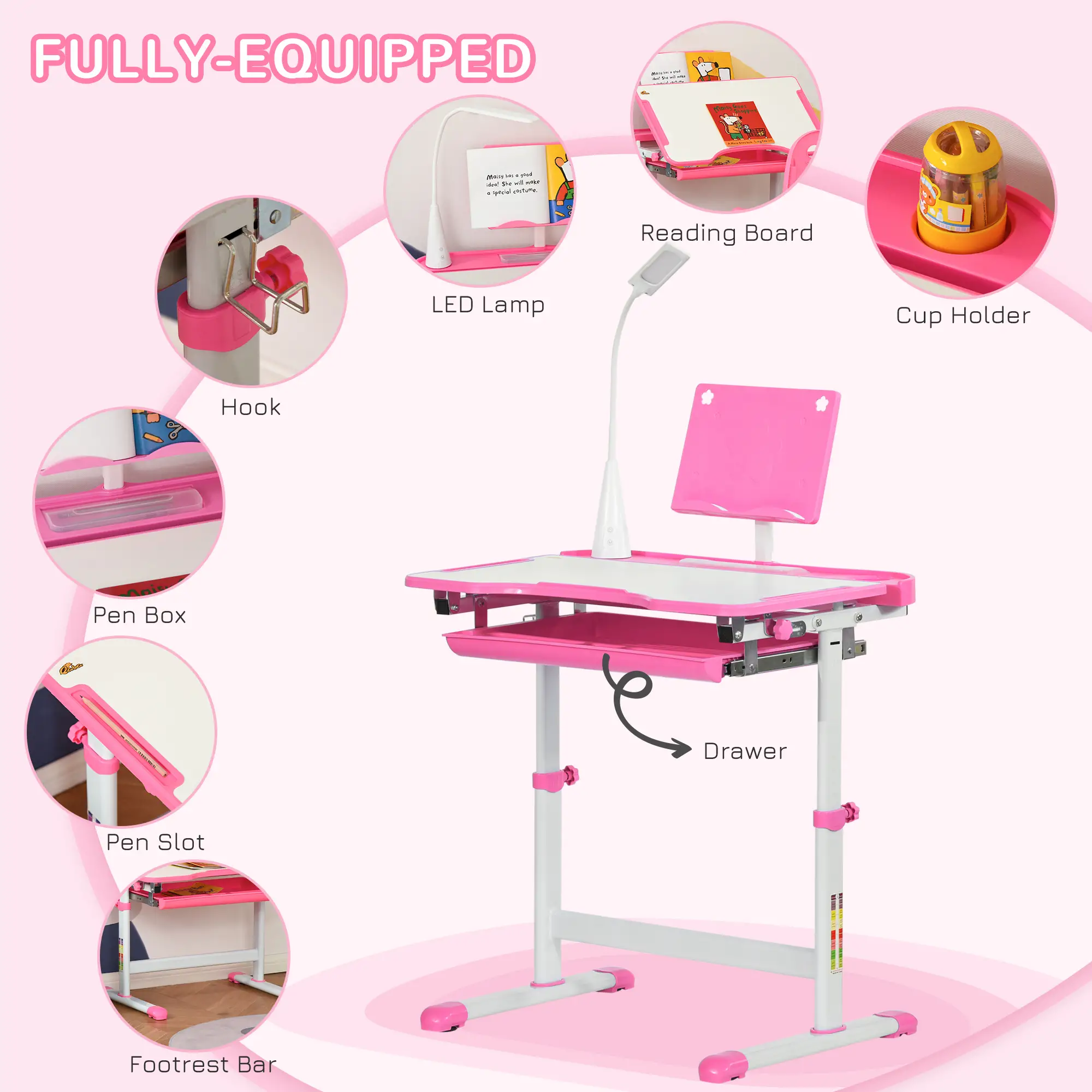 Kids Desk and Chair Set, Adjustable Height, Tilt Desktop, Pink - Image 5