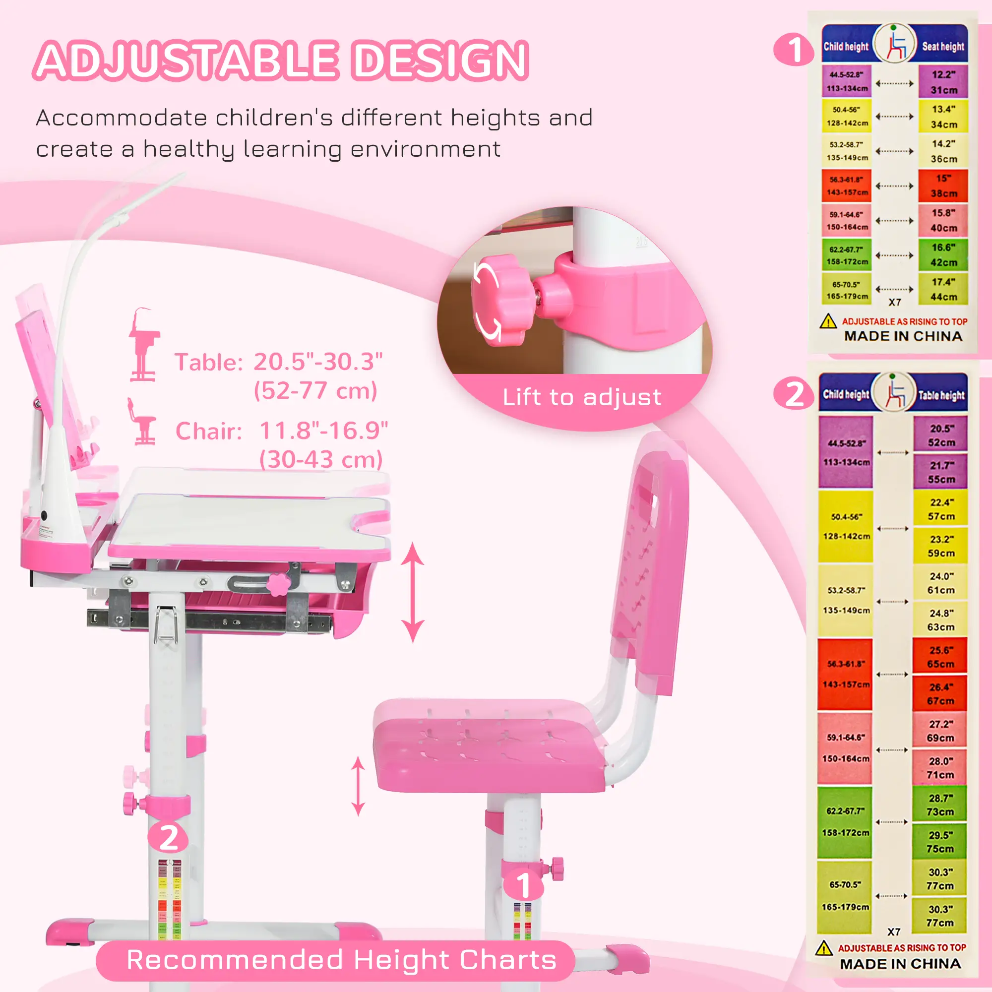 Kids Desk and Chair Set, Adjustable Height, Tilt Desktop, Pink - Image 6