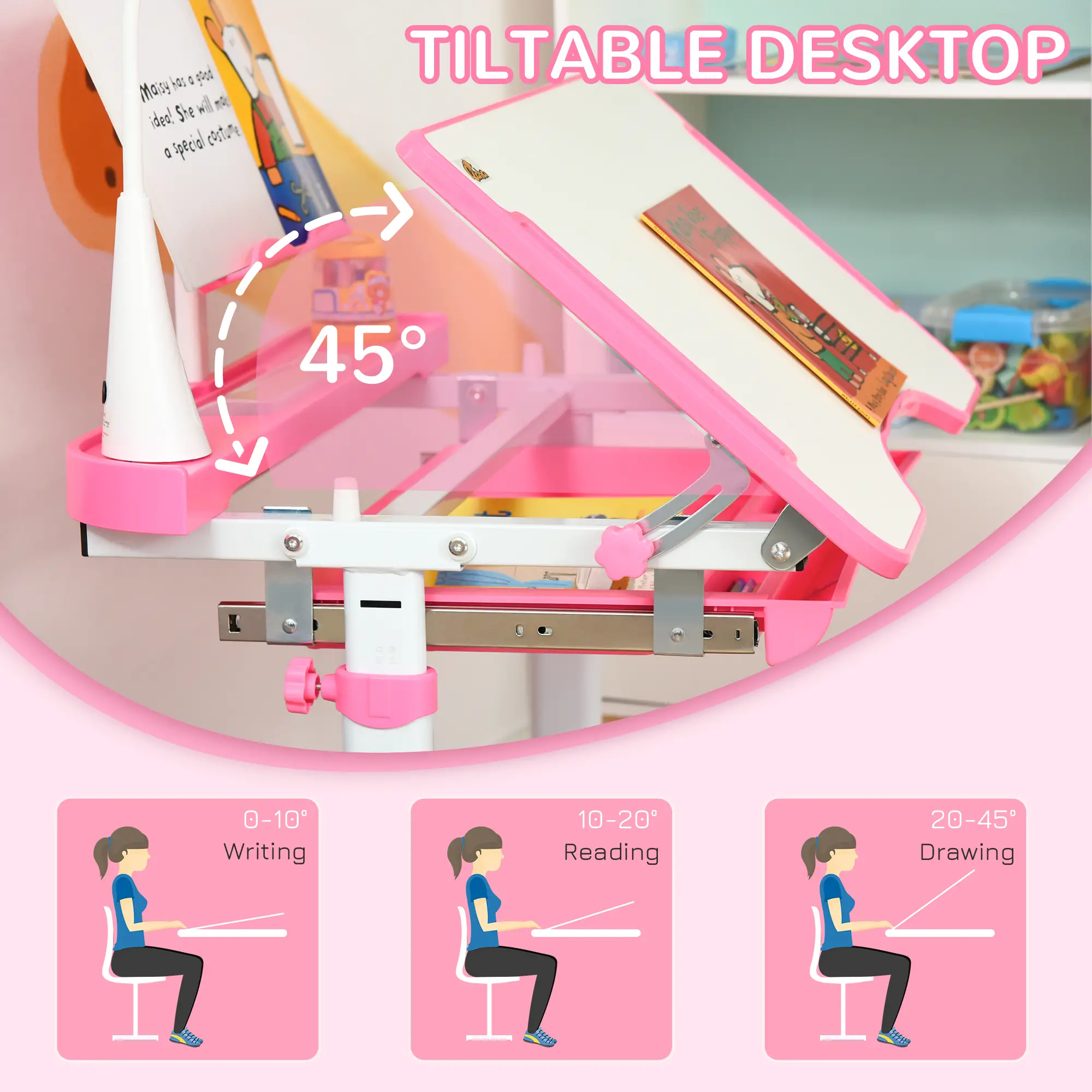 Kids Desk and Chair Set, Adjustable Height, Tilt Desktop, Pink - Image 7