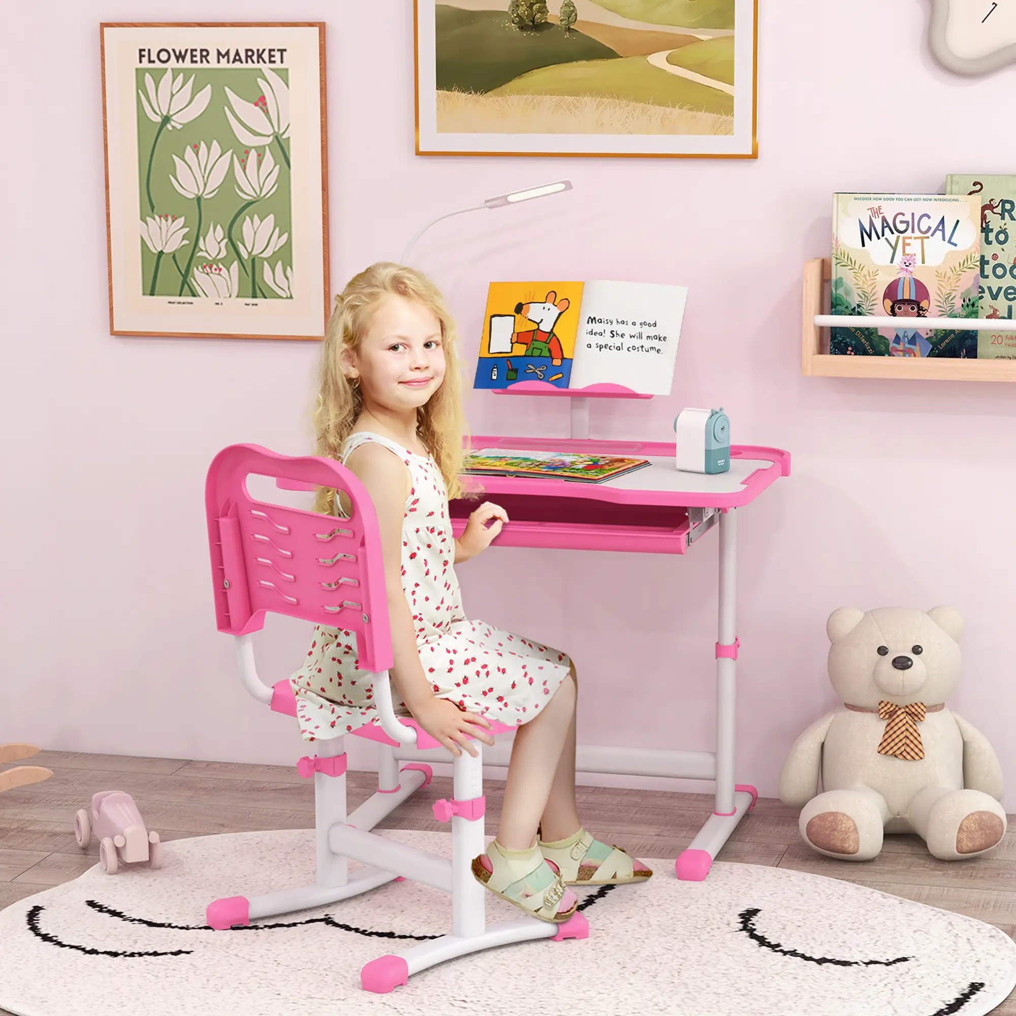 Kids Desk and Chair Set, Adjustable Height, Tilt Desktop, Pink - Image 9