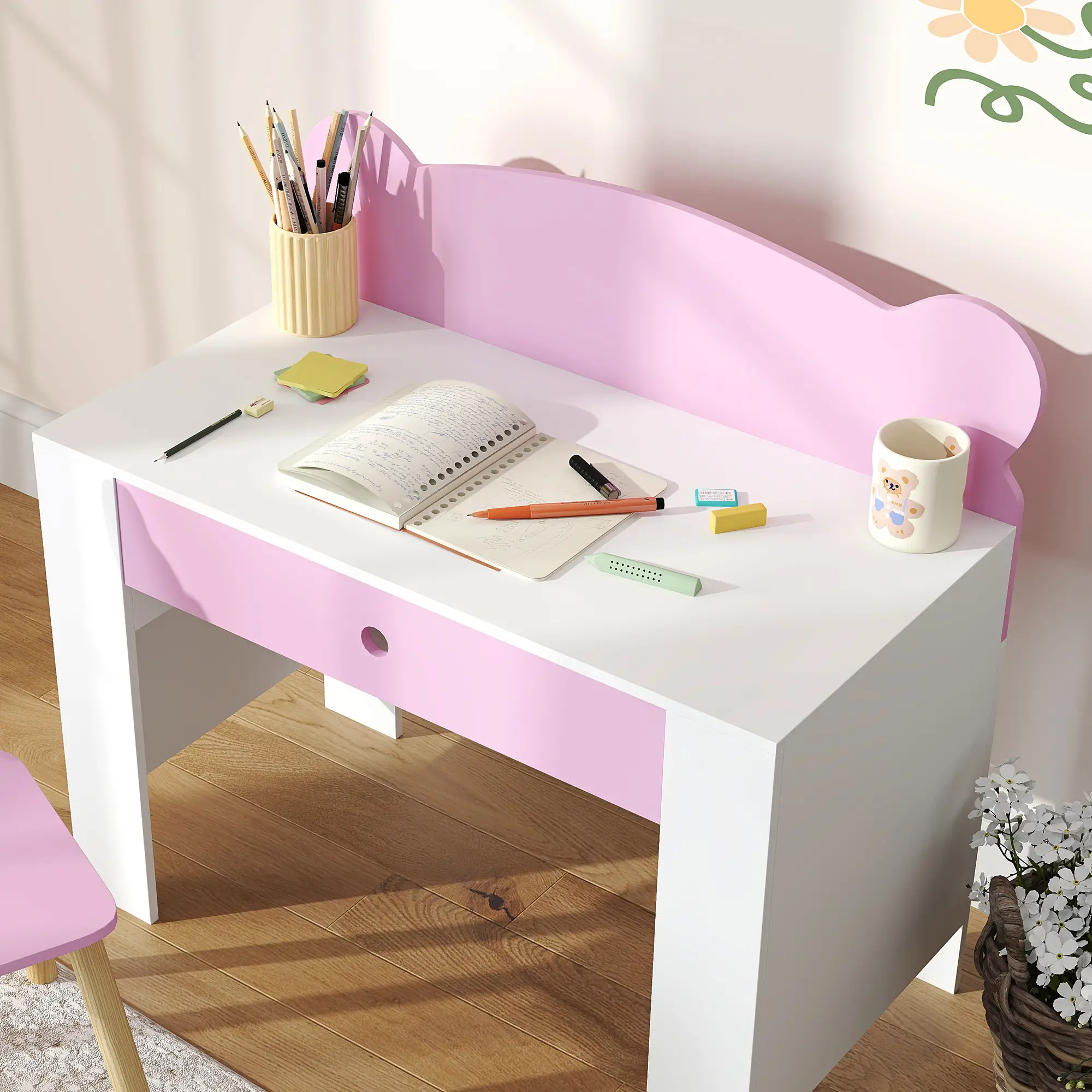 Kids Desk and Chair Set, Bear Theme, for Bedroom, Pink - Image 10