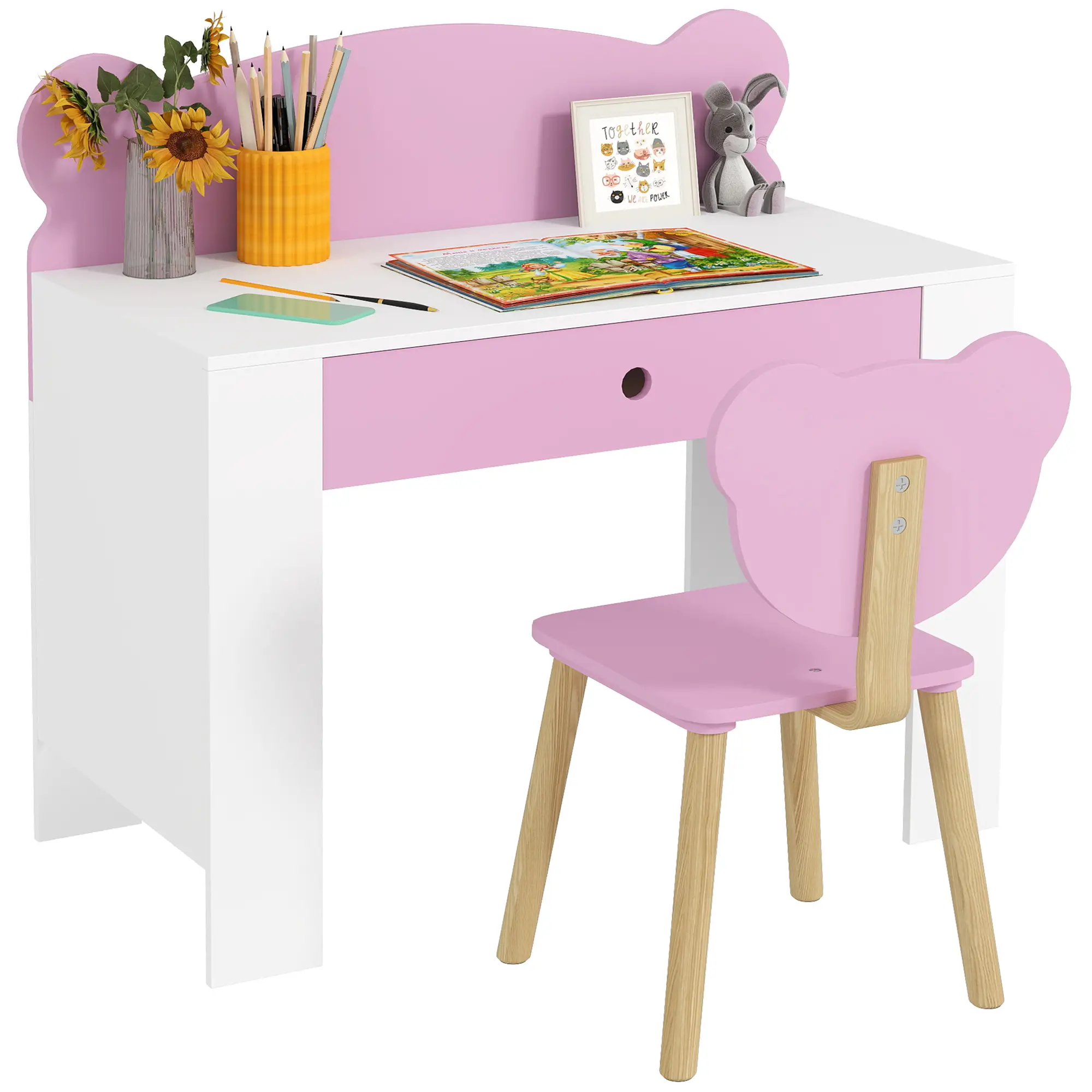 Kids Desk and Chair Set, Bear Theme, for Bedroom, Pink - Image 11