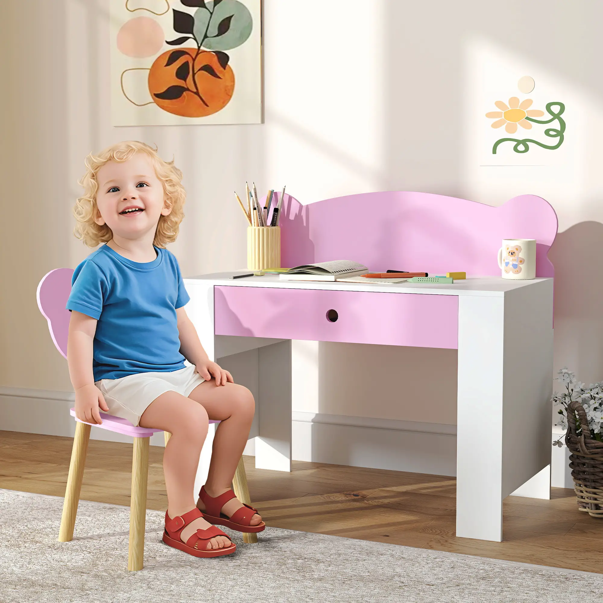 Kids Desk and Chair Set, Bear Theme, for Bedroom, Pink - Image 2
