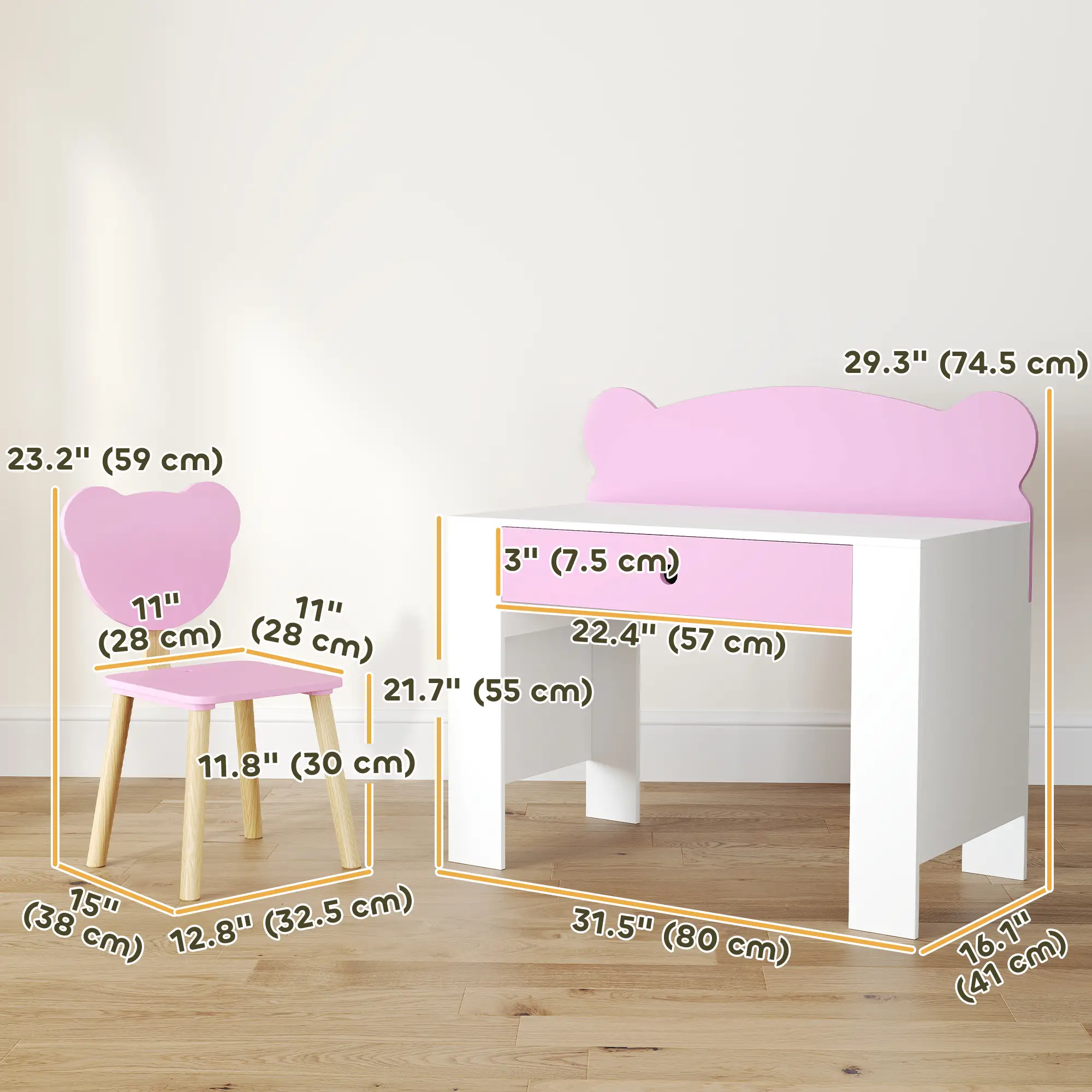Kids Desk and Chair Set, Bear Theme, for Bedroom, Pink - Image 3