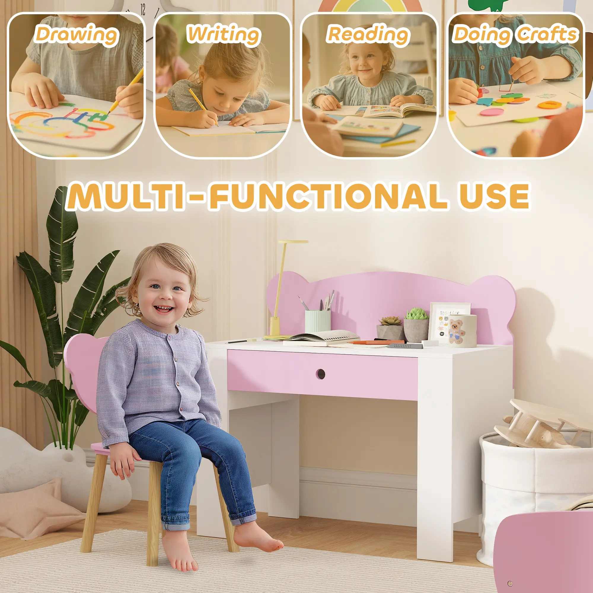 Kids Desk and Chair Set, Bear Theme, for Bedroom, Pink - Image 4