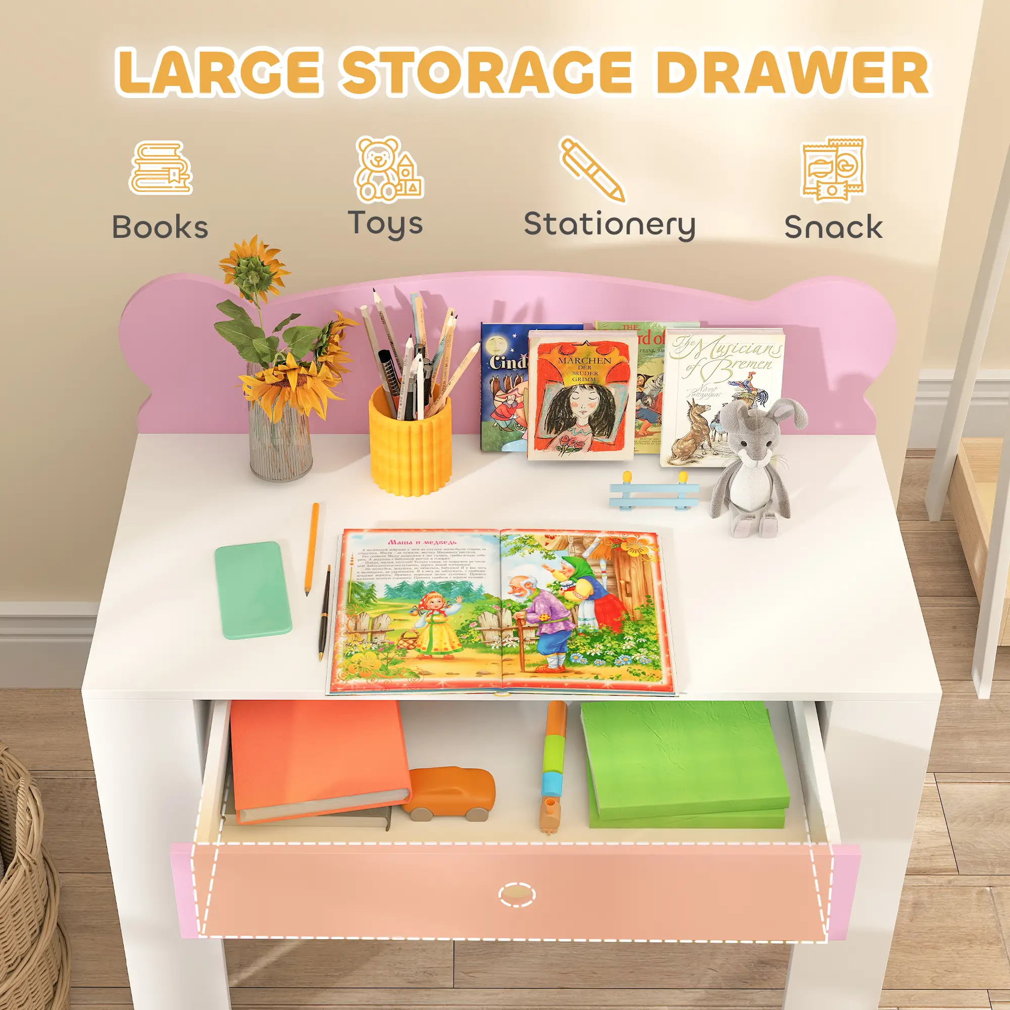 Kids Desk and Chair Set, Bear Theme, for Bedroom, Pink - Image 5