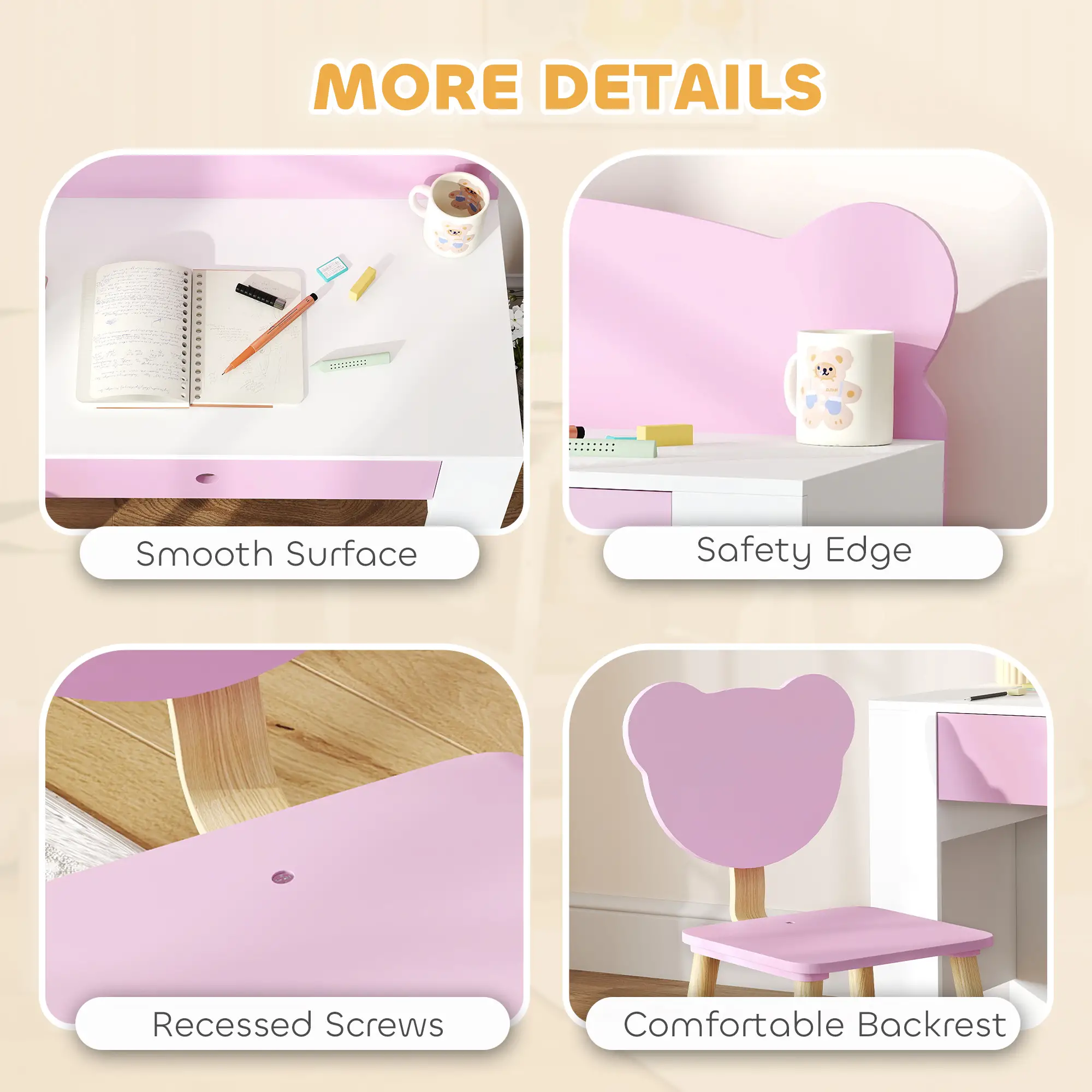 Kids Desk and Chair Set, Bear Theme, for Bedroom, Pink - Image 6