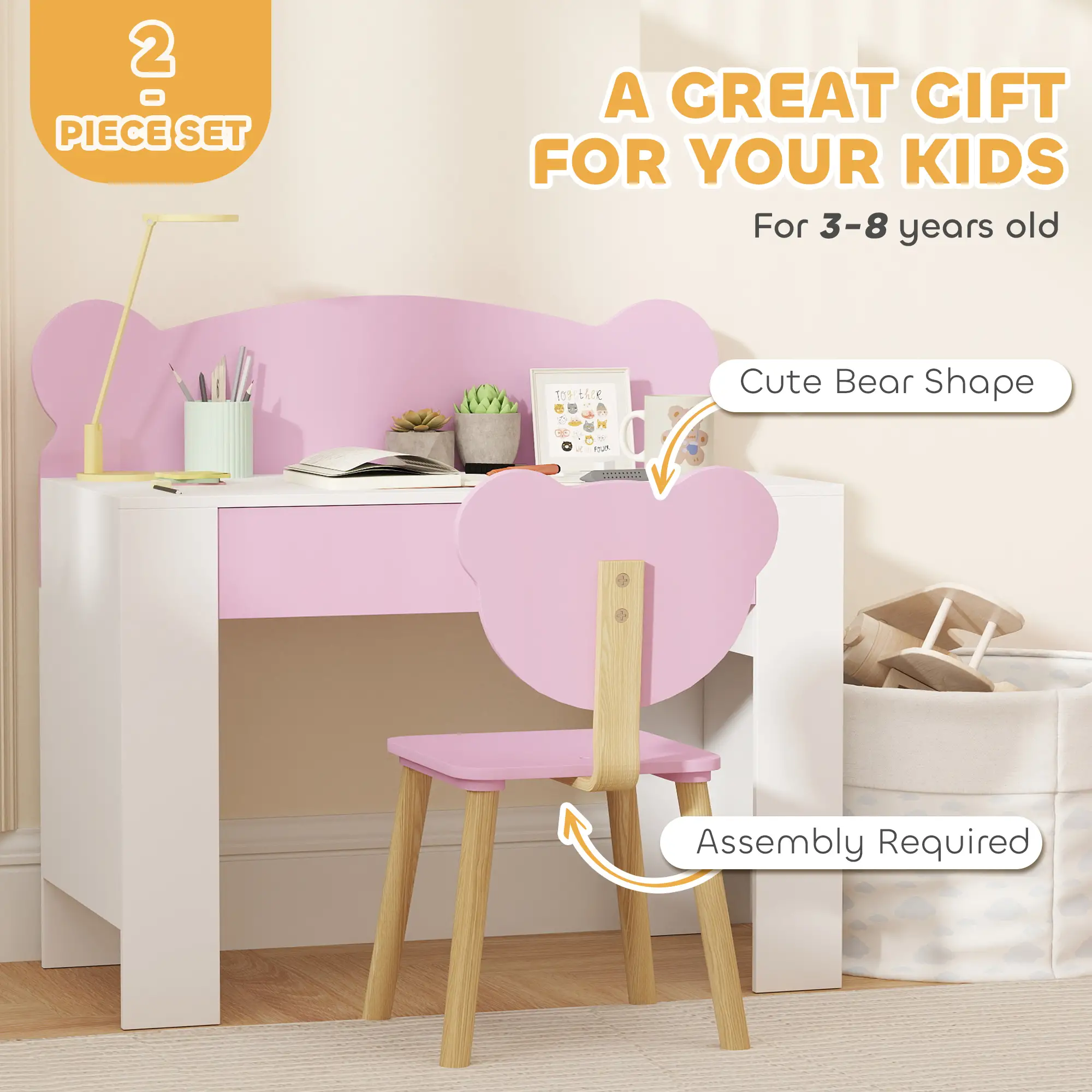 Kids Desk and Chair Set, Bear Theme, for Bedroom, Pink - Image 7