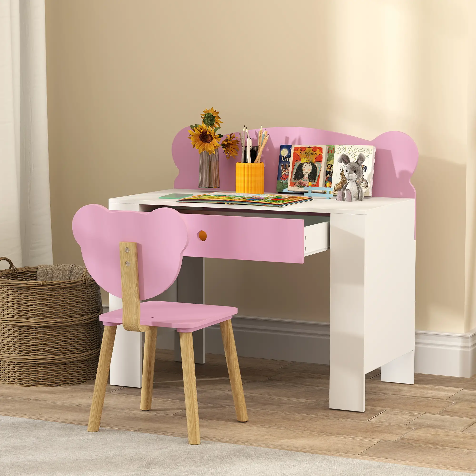 Kids Desk and Chair Set, Bear Theme, for Bedroom, Pink - Image 8
