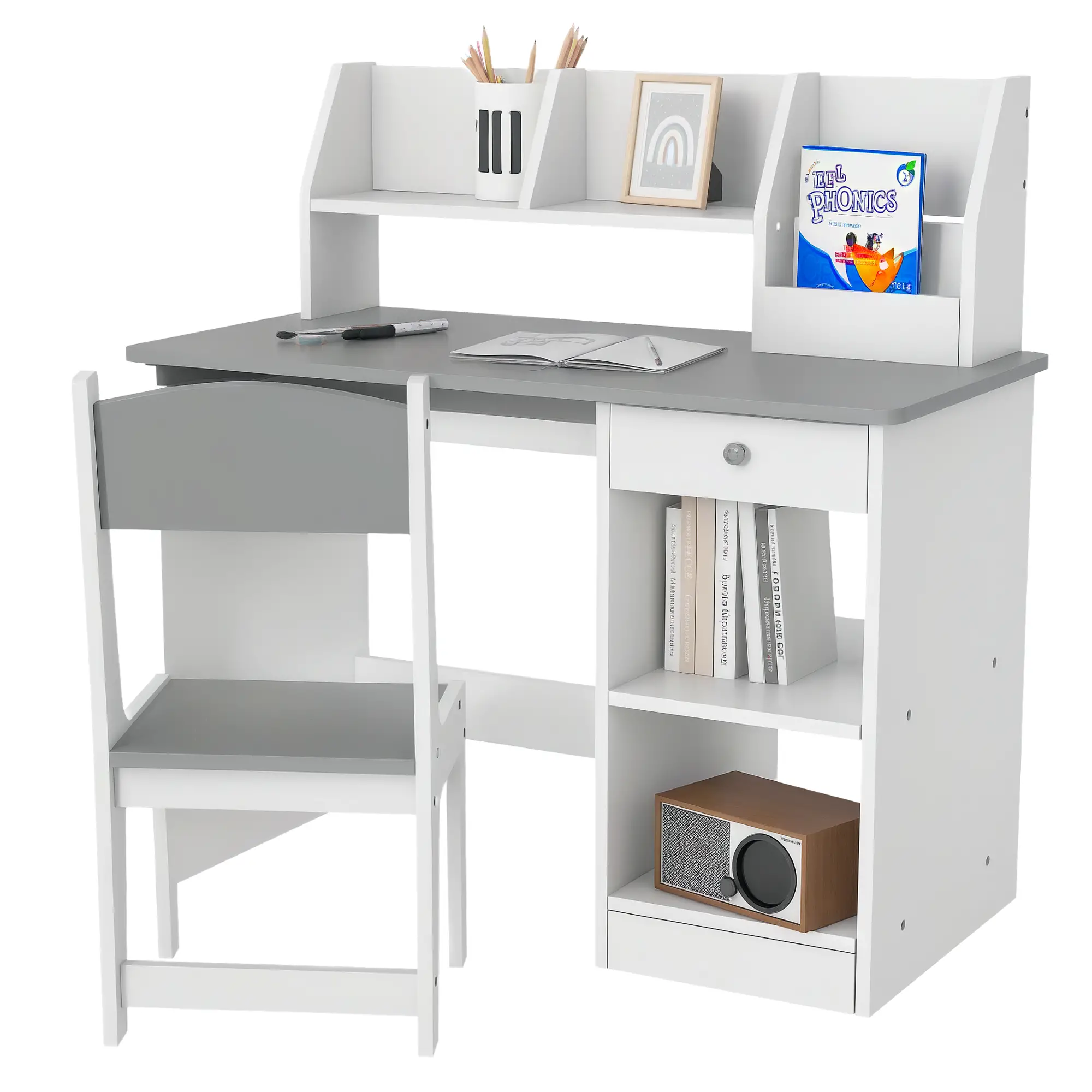 Kids Desk and Chair Set, Study Table for 5-8 Year Old, Grey - Image 11