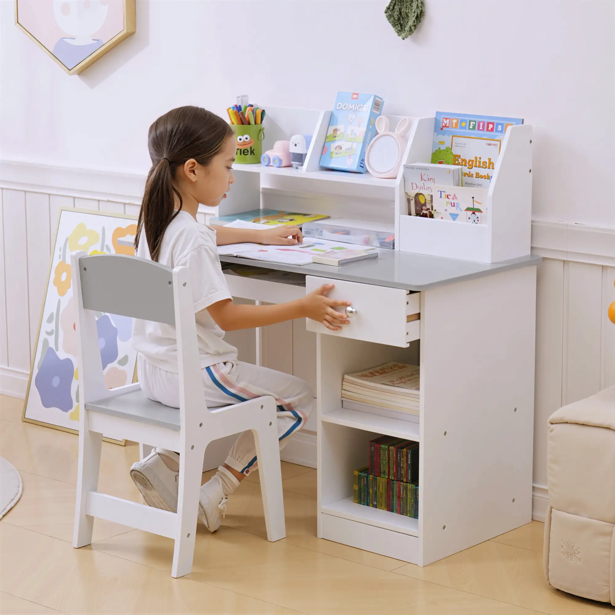 Kids Desk and Chair Set, Study Table for 5-8 Year Old, Grey - Image 2