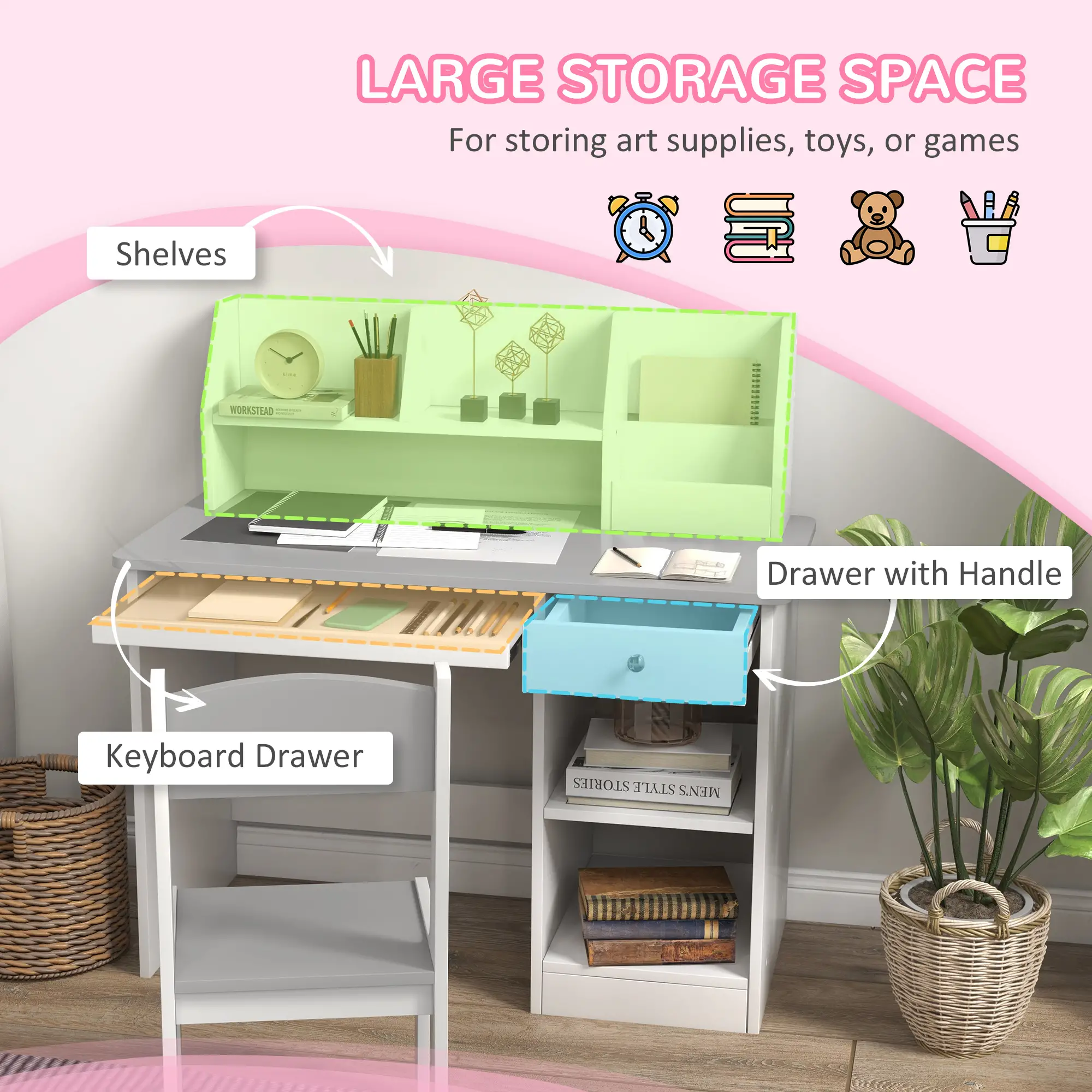 Kids Desk and Chair Set, Study Table for 5-8 Year Old, Grey - Image 4