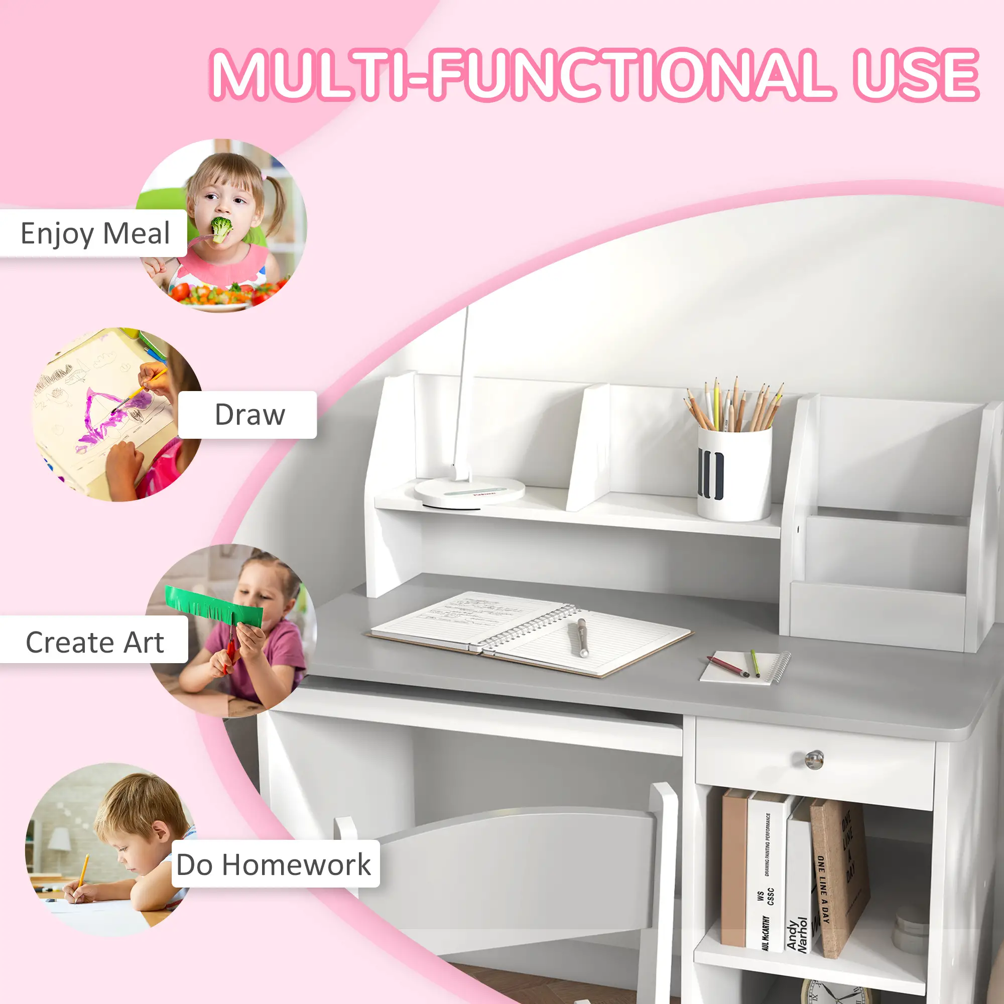 Kids Desk and Chair Set, Study Table for 5-8 Year Old, Grey - Image 5