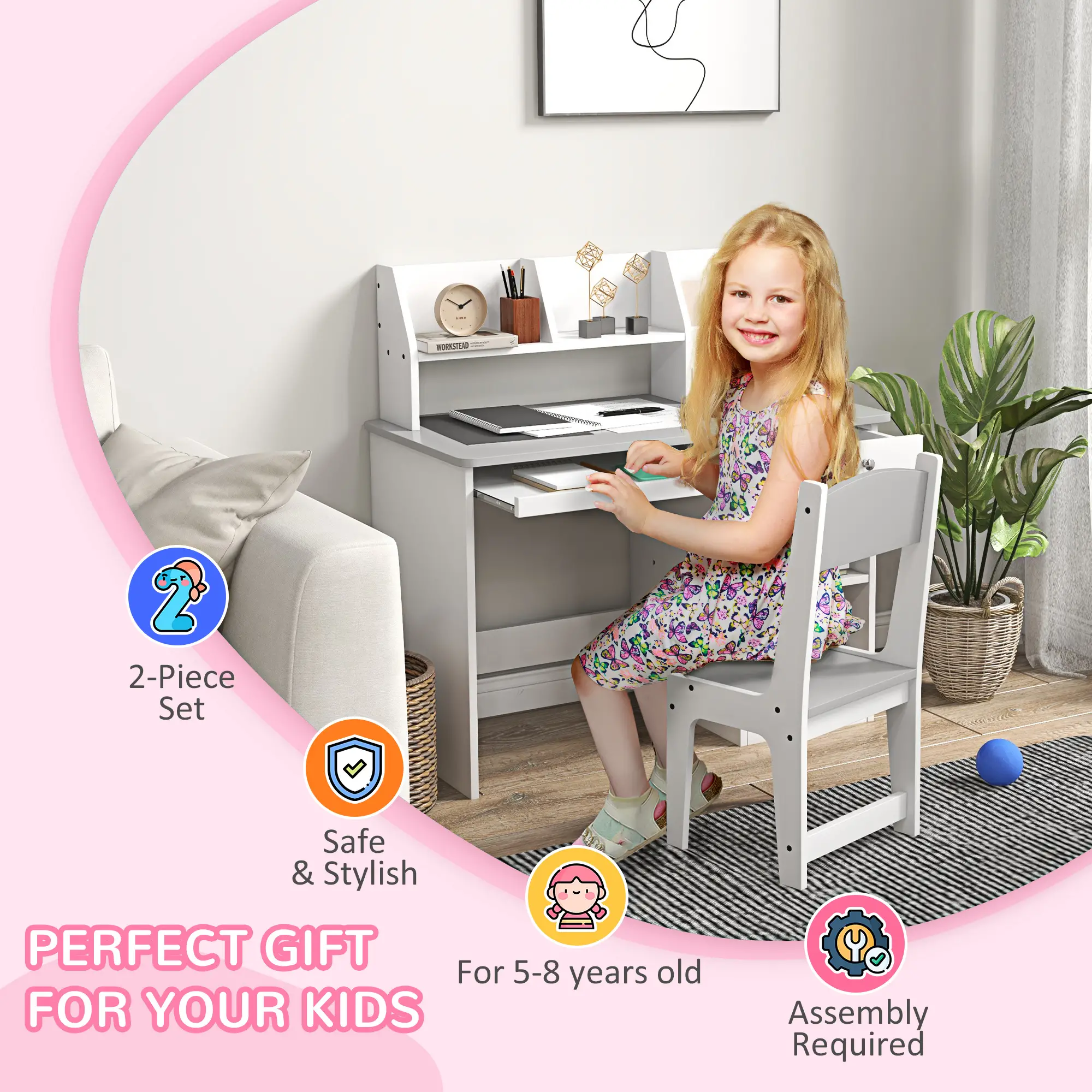 Kids Desk and Chair Set, Study Table for 5-8 Year Old, Grey - Image 6