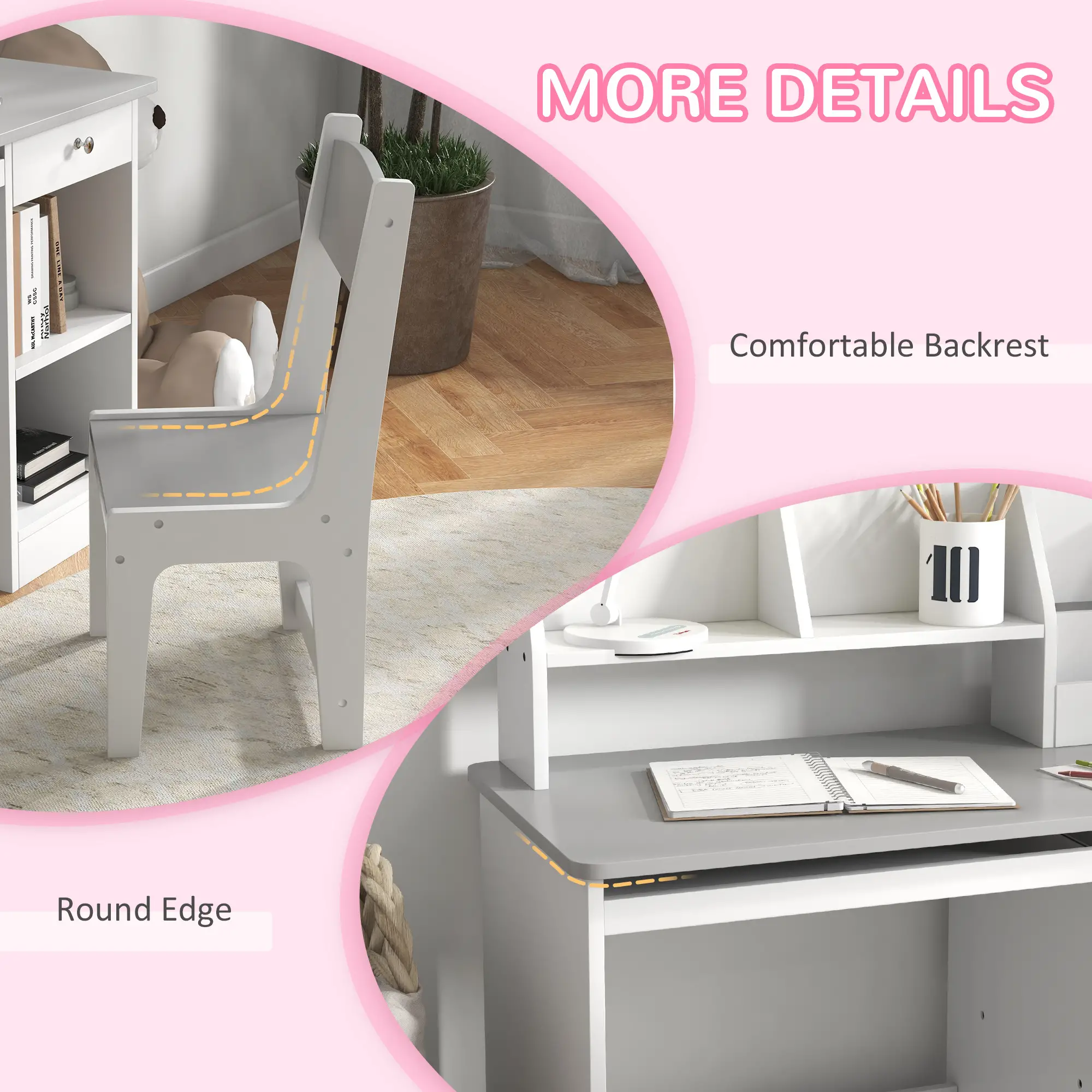 Kids Desk and Chair Set, Study Table for 5-8 Year Old, Grey - Image 7