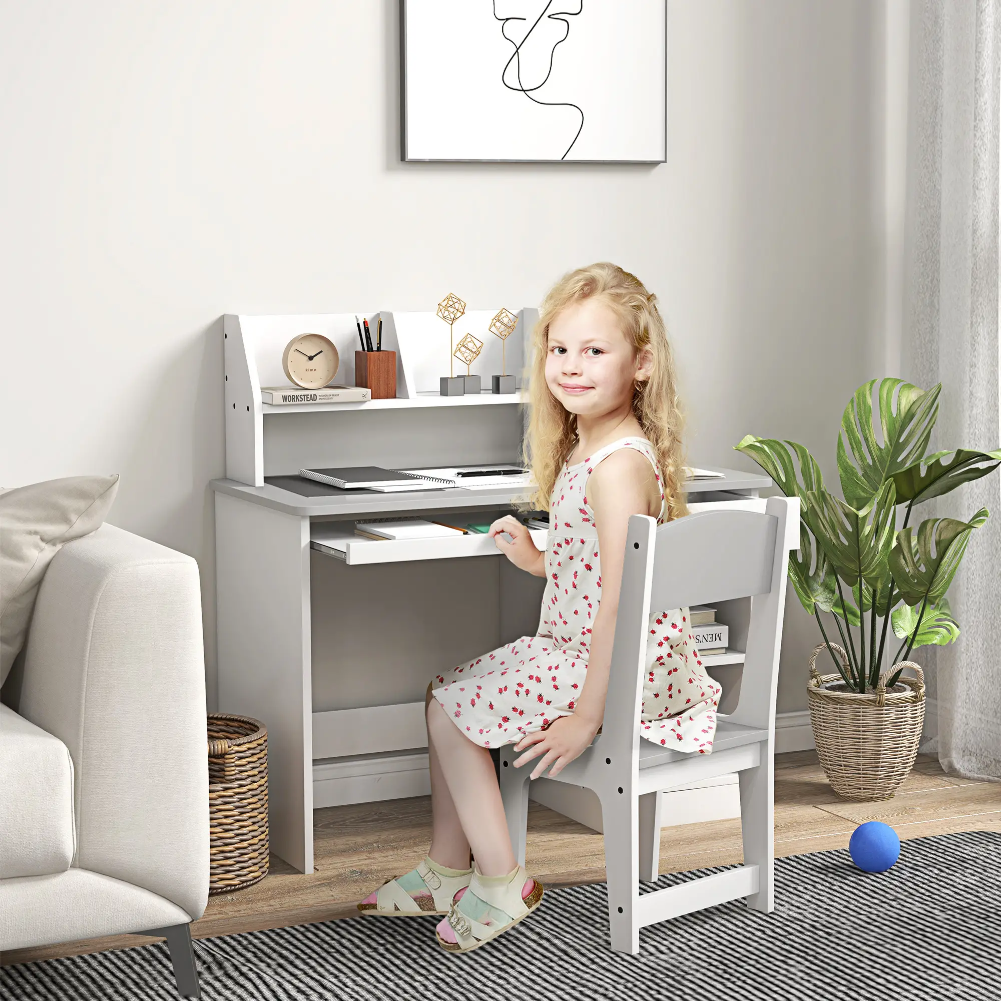 Kids Desk and Chair Set, Study Table for 5-8 Year Old, Grey - Image 8