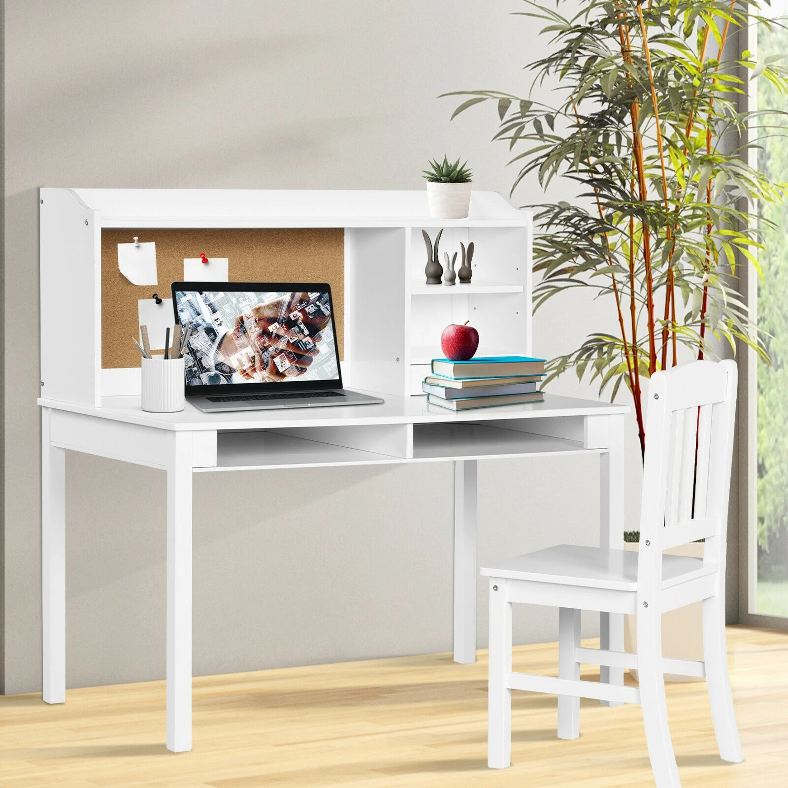 Kids Desk And Chair Set With Hutch, Bookshelves, White - Image 2