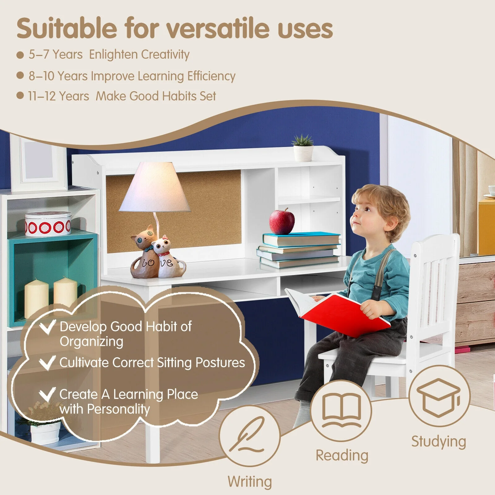 Kids Desk And Chair Set With Hutch, Bookshelves, White - Image 3