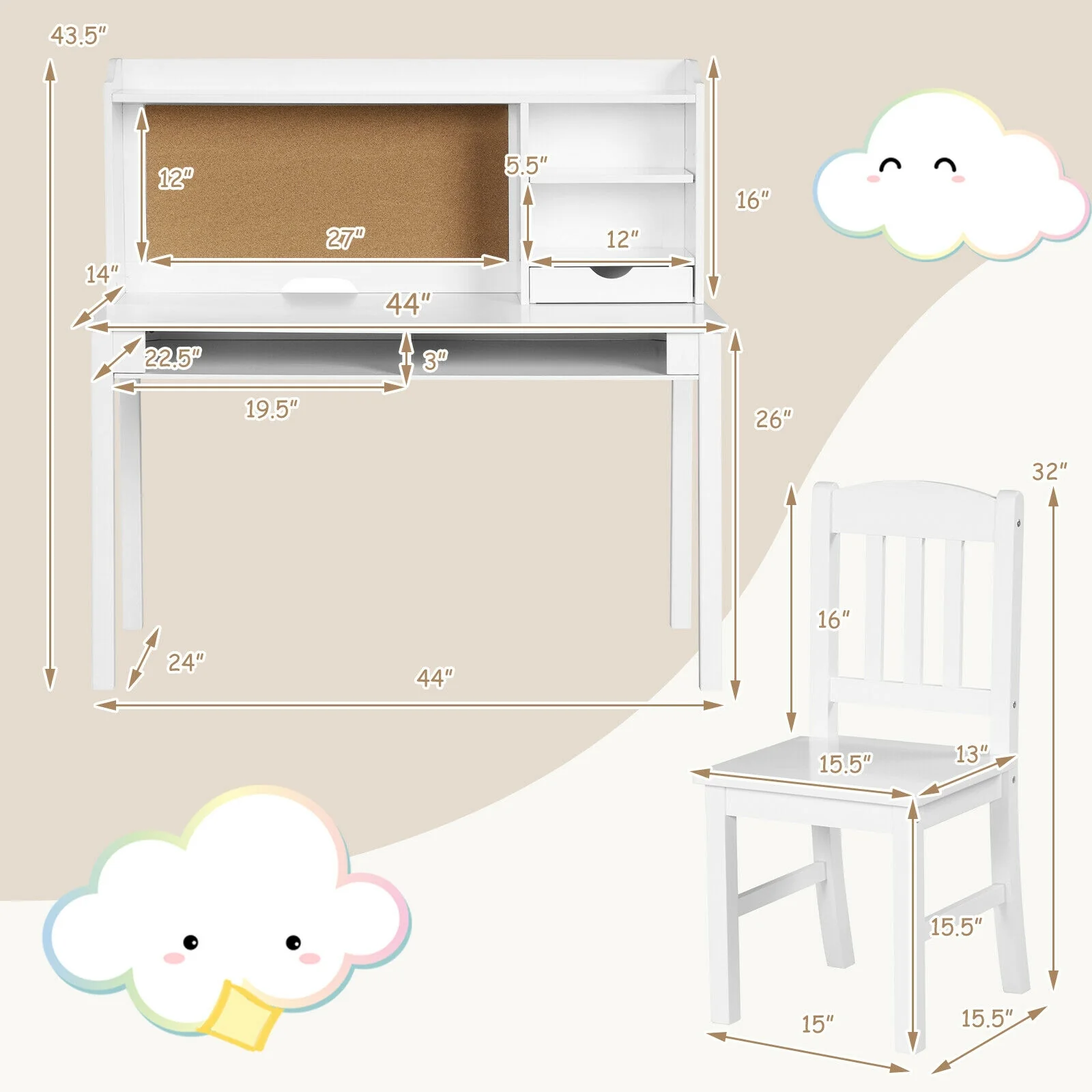 Kids Desk And Chair Set With Hutch, Bookshelves, White - Image 5