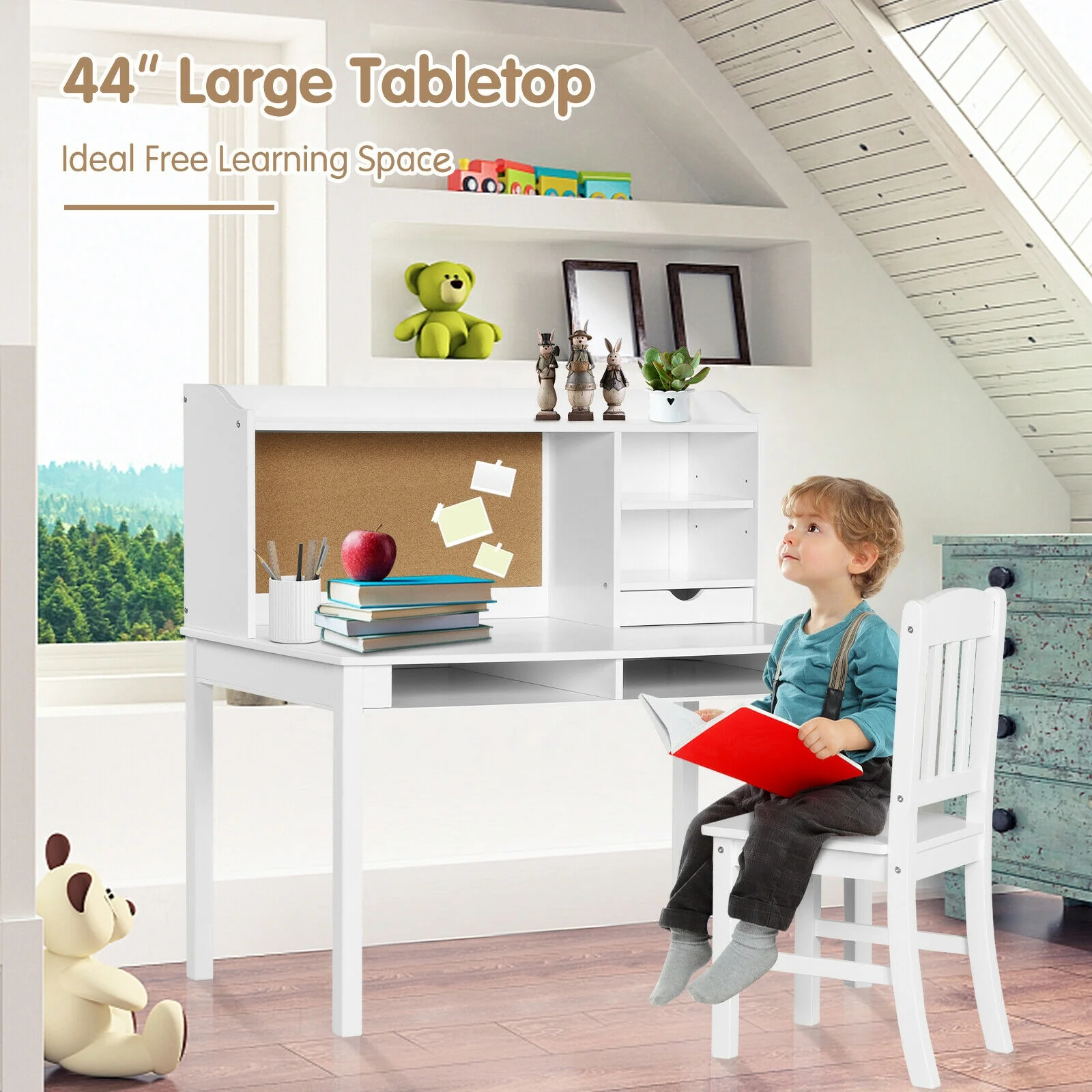 Kids Desk And Chair Set With Hutch, Bookshelves, White - Image 6
