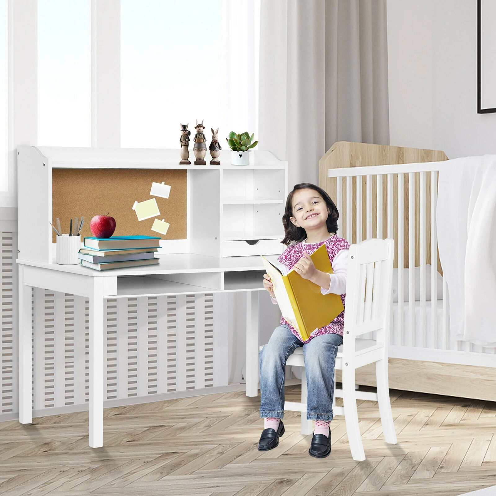 Kids Desk And Chair Set With Hutch, Bookshelves, White - Image 7