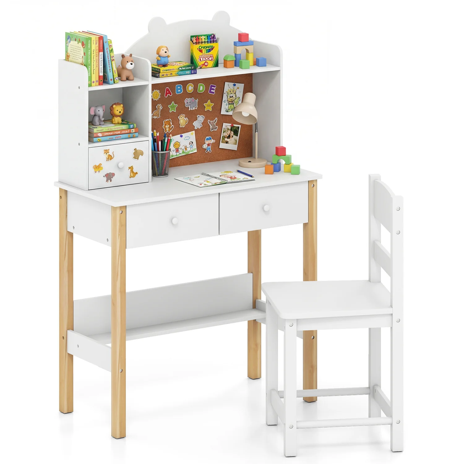 Kids Desk And Chair Set With Hutch, Bulletin Board, Drawers, White