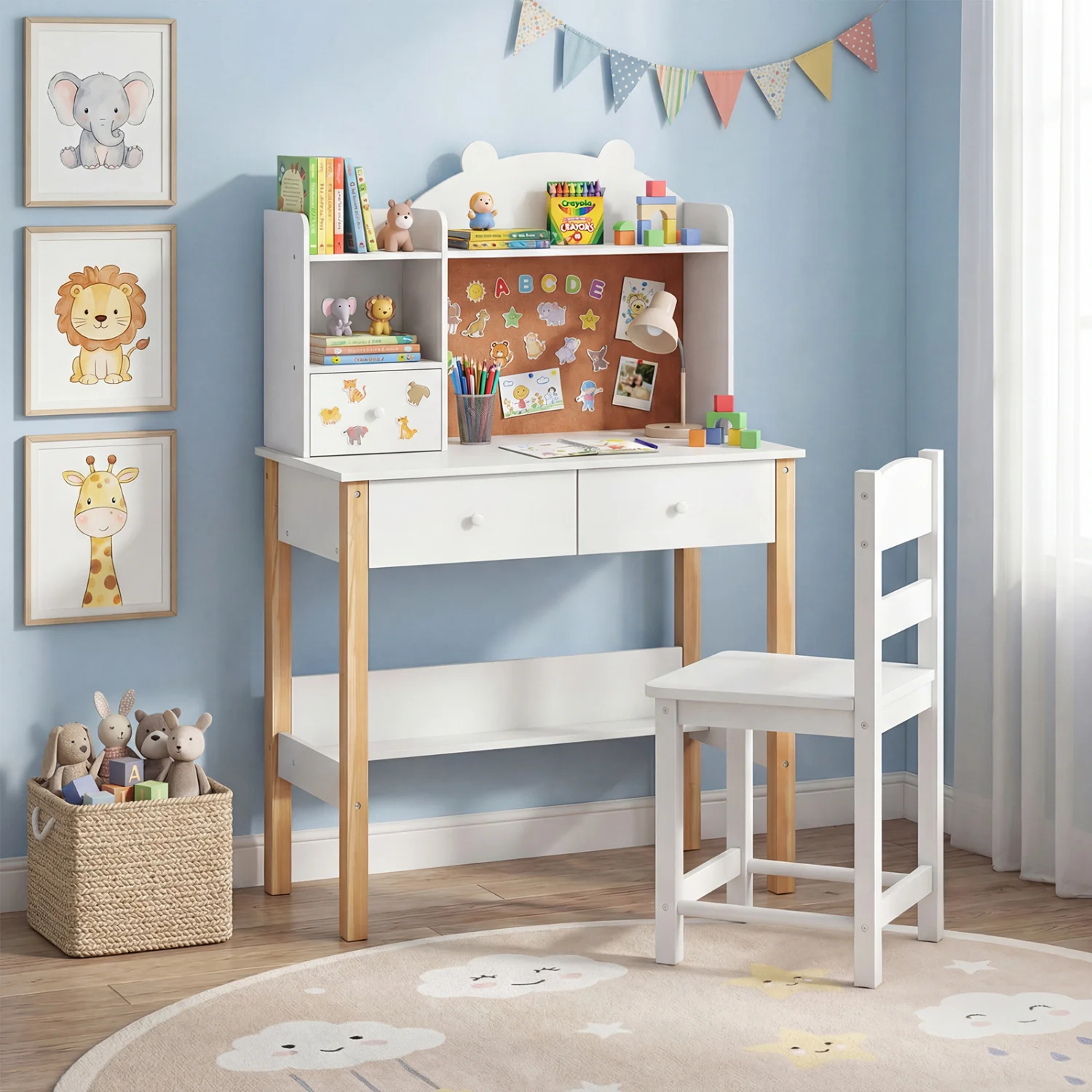 Kids Desk And Chair Set With Hutch, Bulletin Board, Drawers, White - Image 2