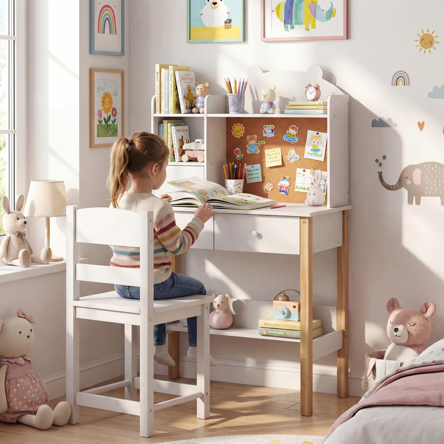 Kids Desk And Chair Set With Hutch, Bulletin Board, Drawers, White - Image 3