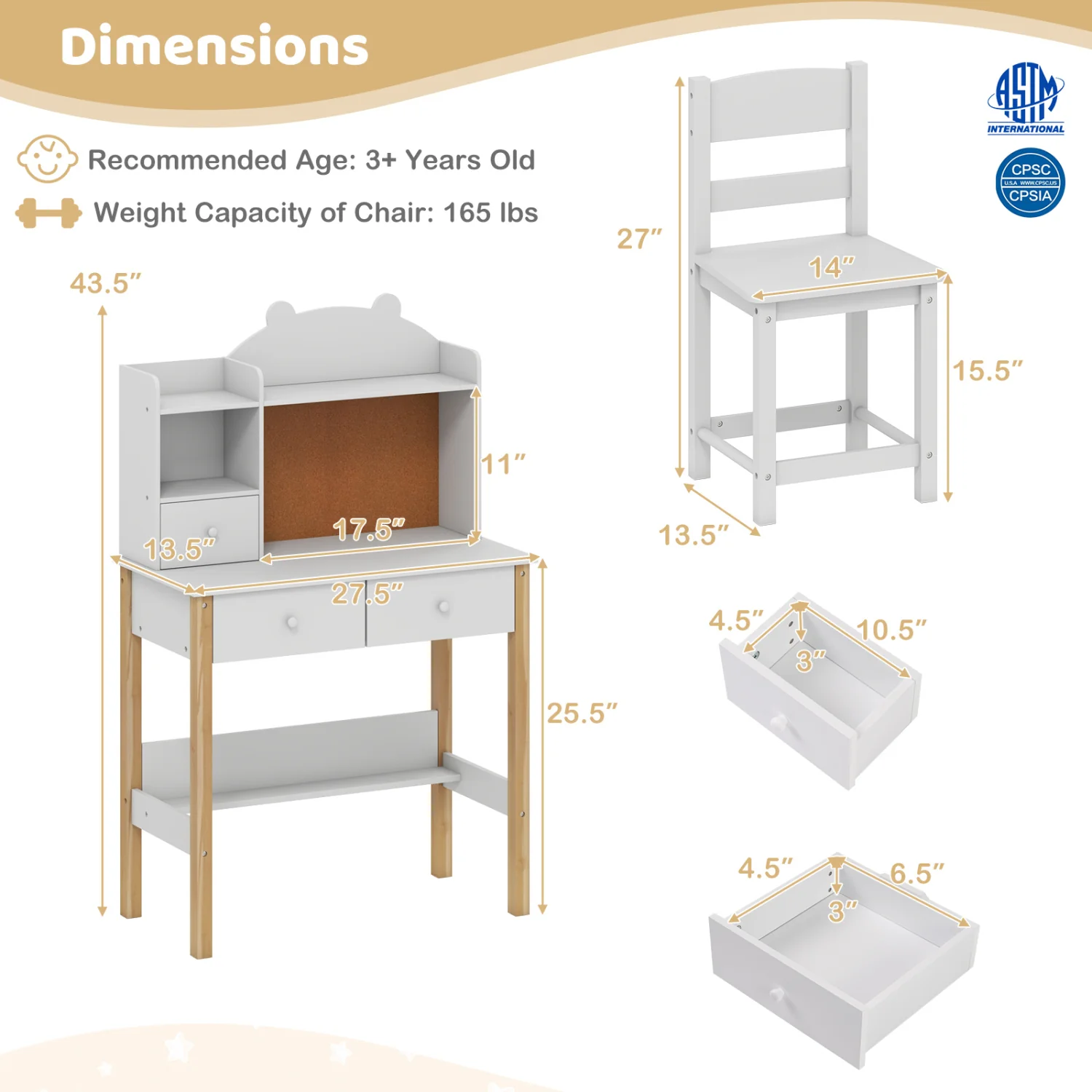 Kids Desk And Chair Set With Hutch, Bulletin Board, Drawers, White - Image 5