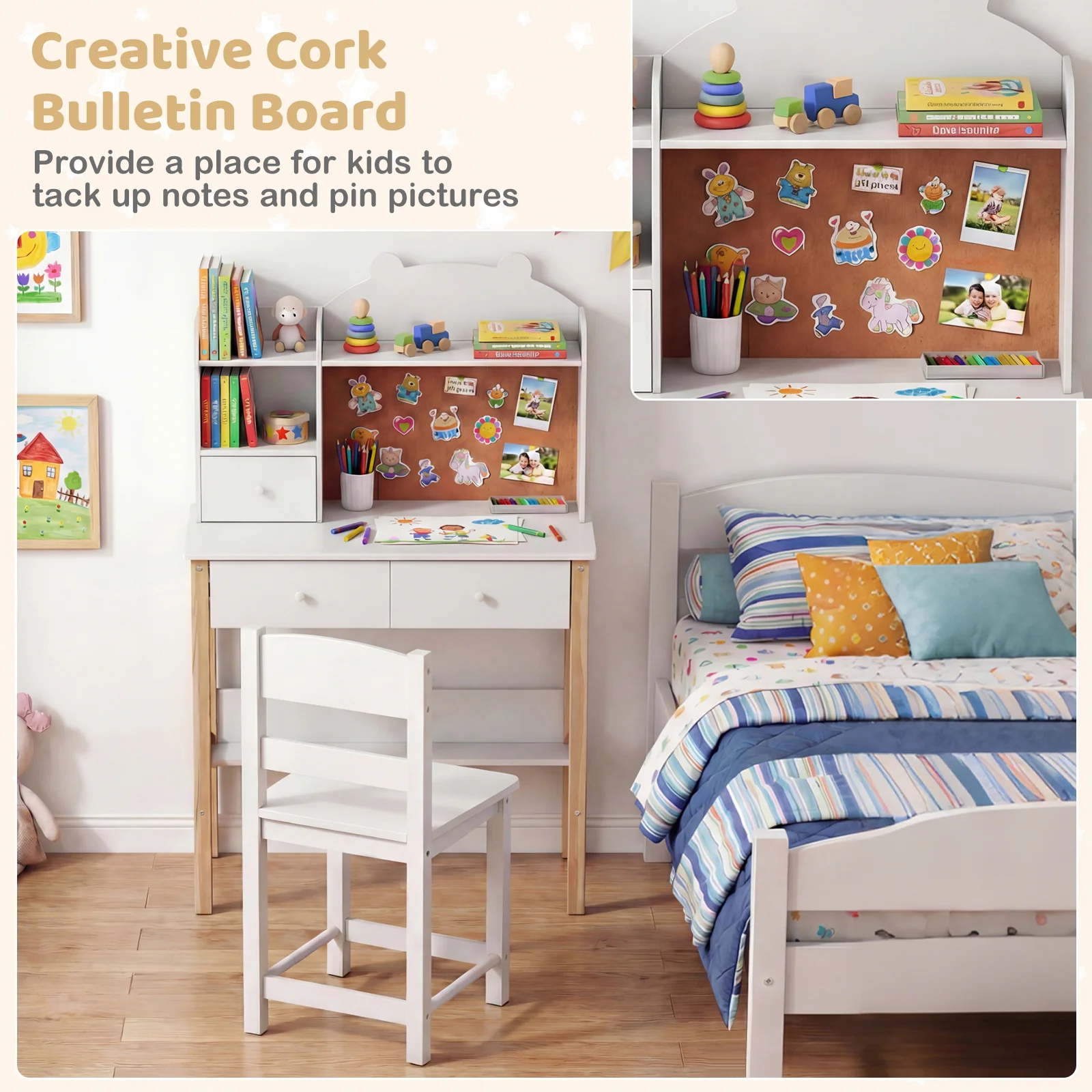 Kids Desk And Chair Set With Hutch, Bulletin Board, Drawers, White - Image 9