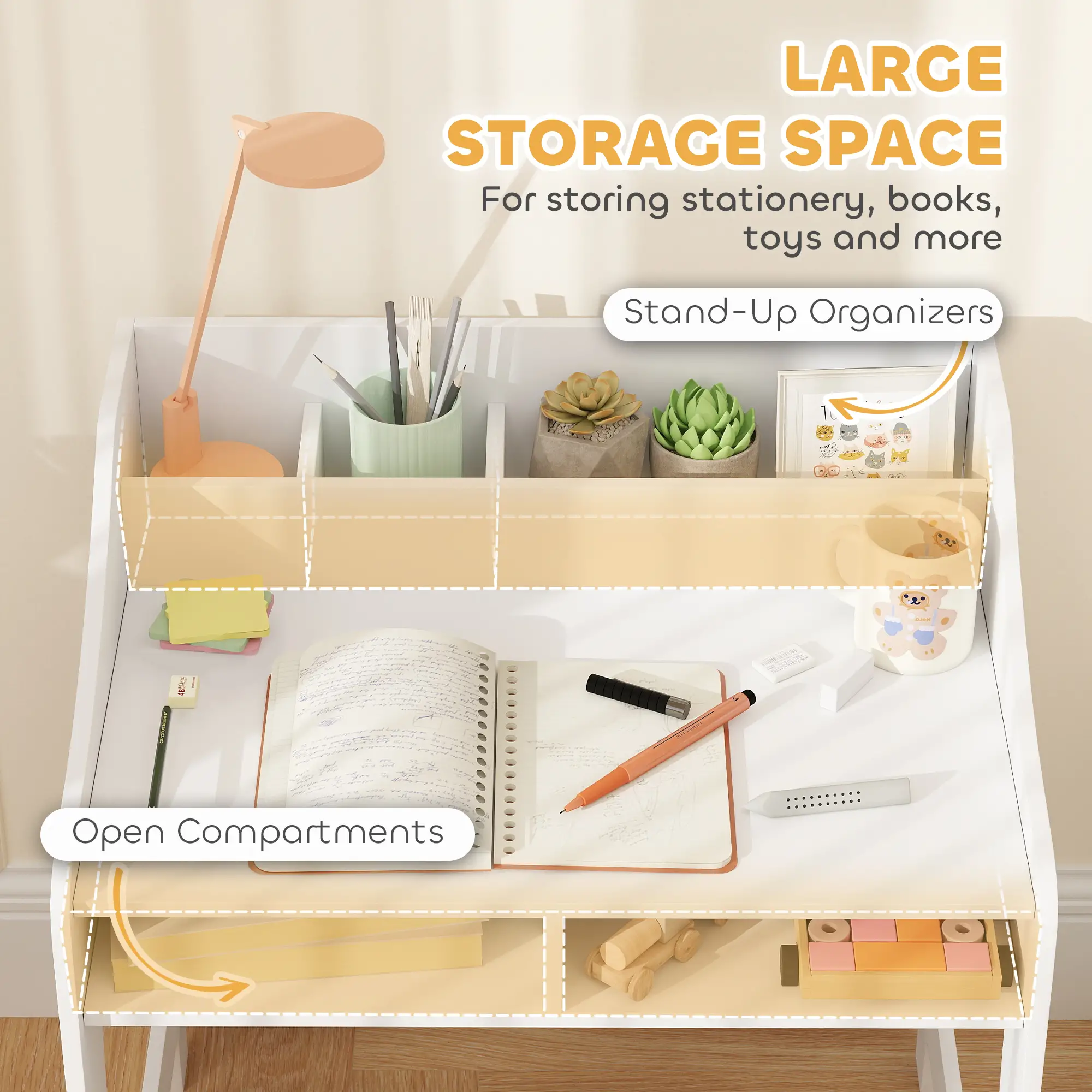 Kids Desk and Chair Set with Storage, 3-8 Years, White - Image 5