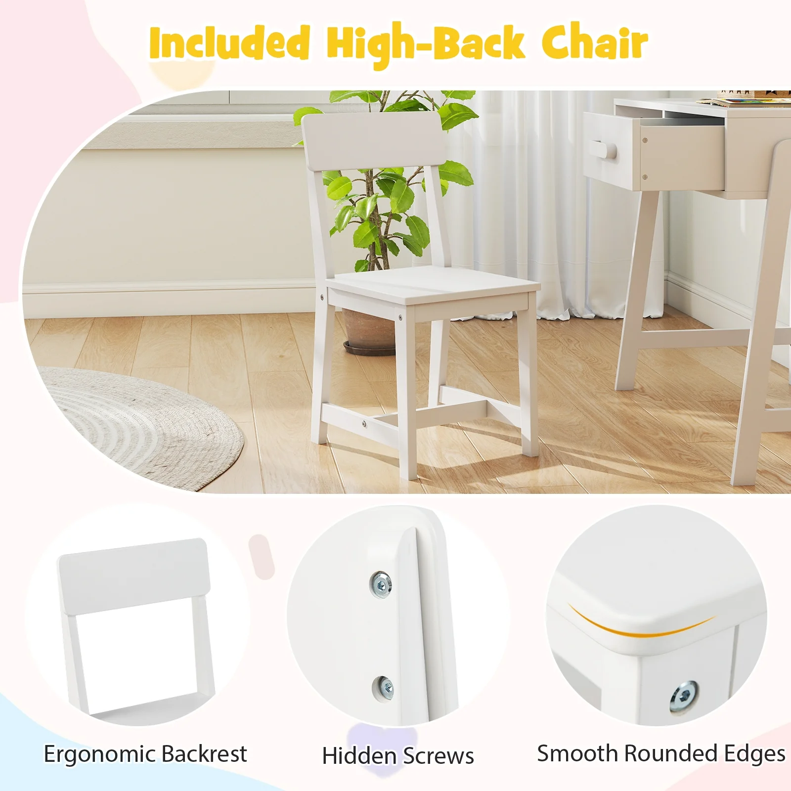 Kids Desk And Chair Set With Storage Drawer, White - Image 10
