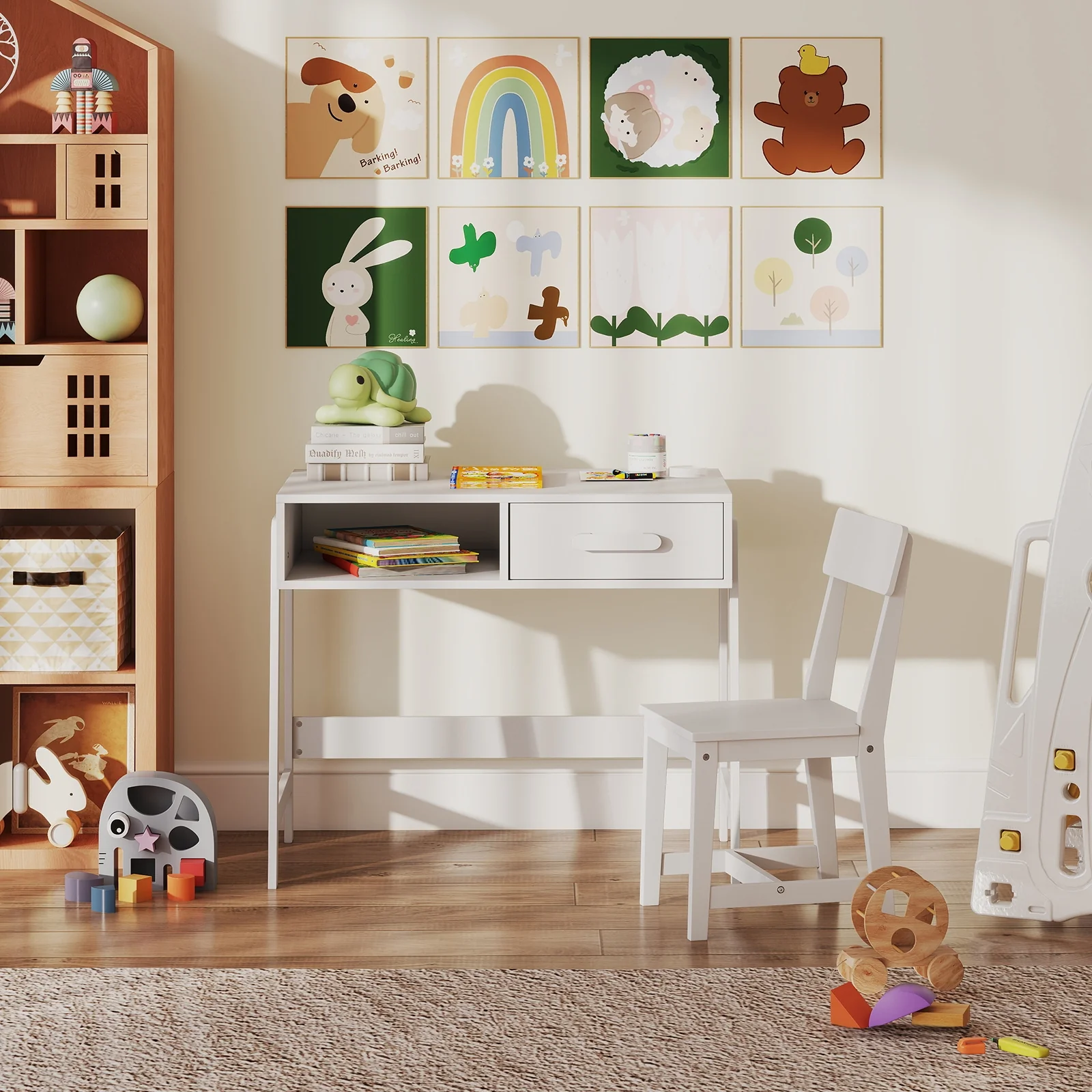 Kids Desk And Chair Set With Storage Drawer, White - Image 2