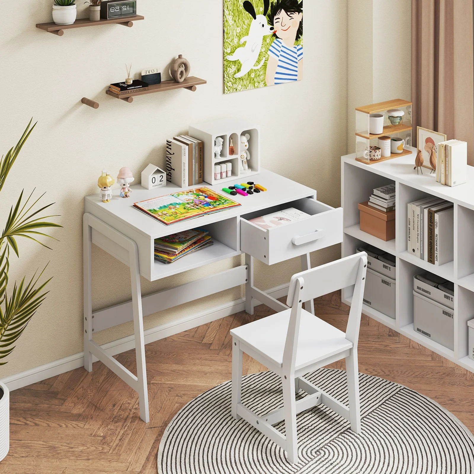 Kids Desk And Chair Set With Storage Drawer, White - Image 3