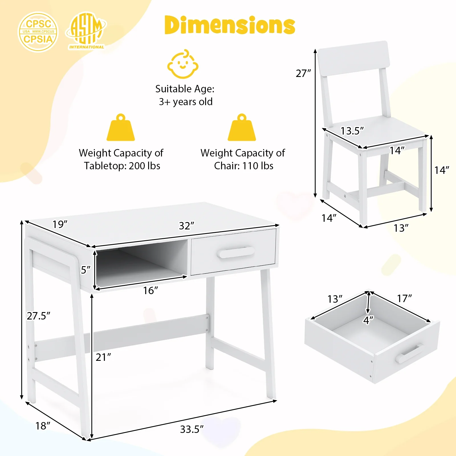Kids Desk And Chair Set With Storage Drawer, White - Image 6
