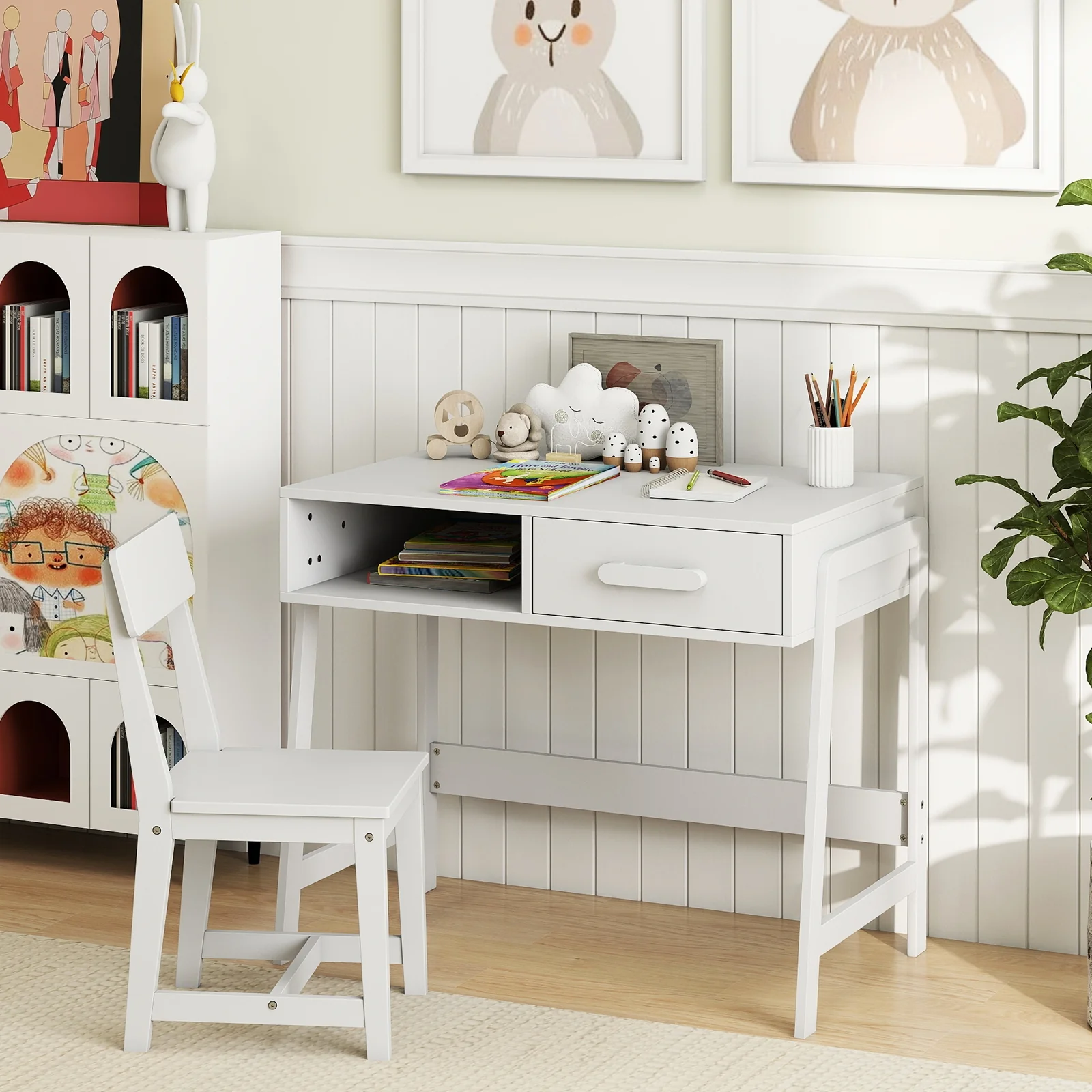 Kids Desk And Chair Set With Storage Drawer, White - Image 7