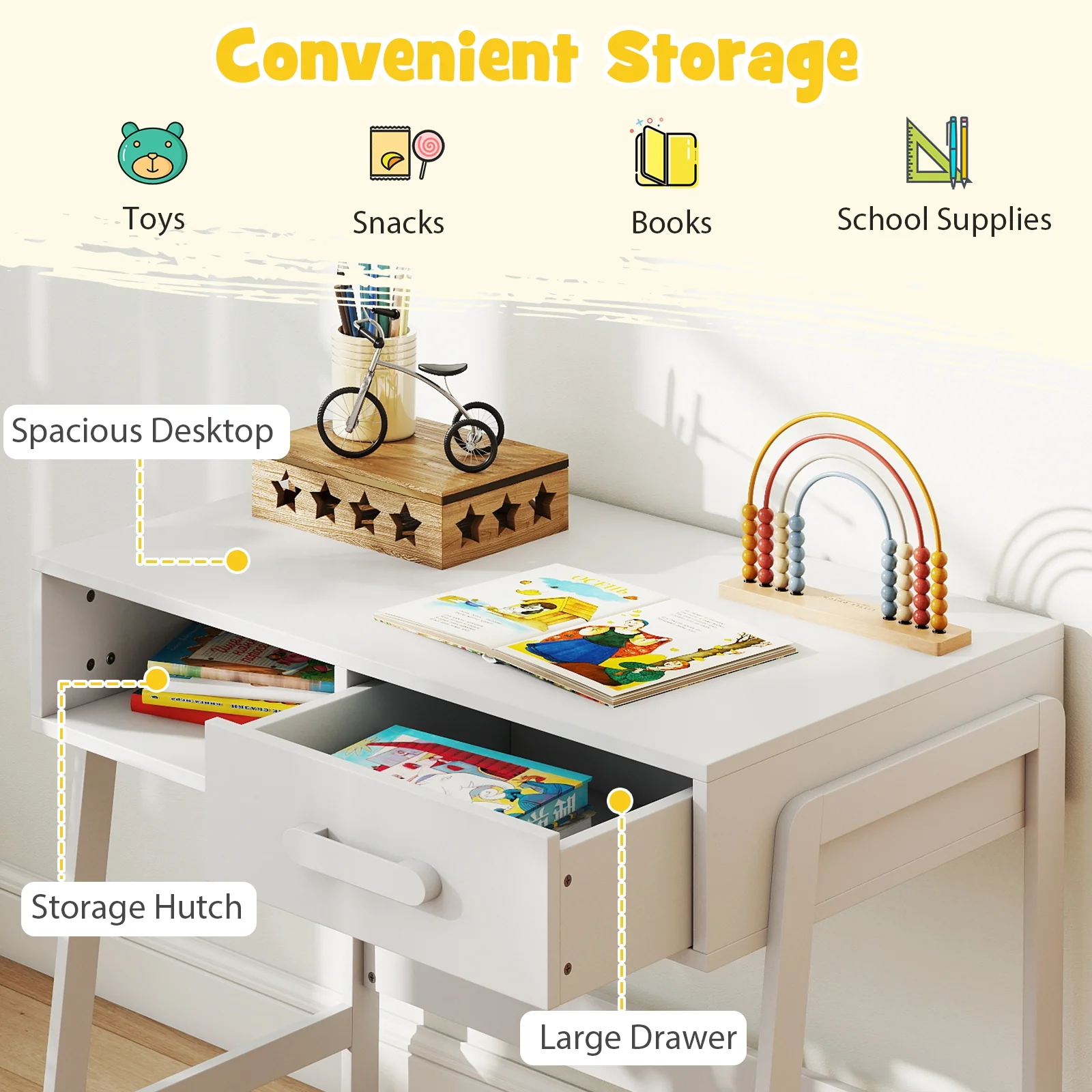 Kids Desk And Chair Set With Storage Drawer, White - Image 8