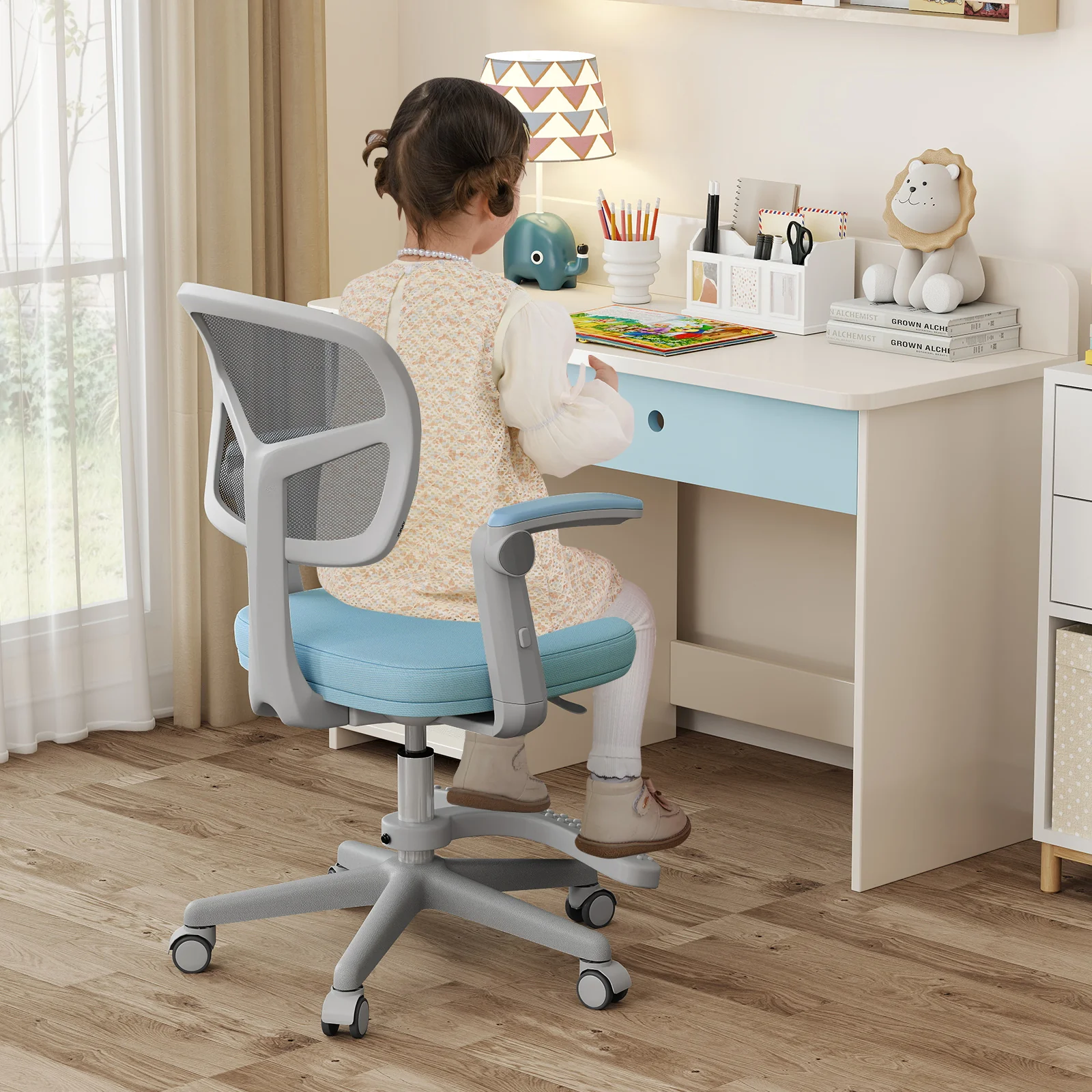 Kids Desk Chair, Adjustable Height, Armrest, Footrest, Blue - Image 2
